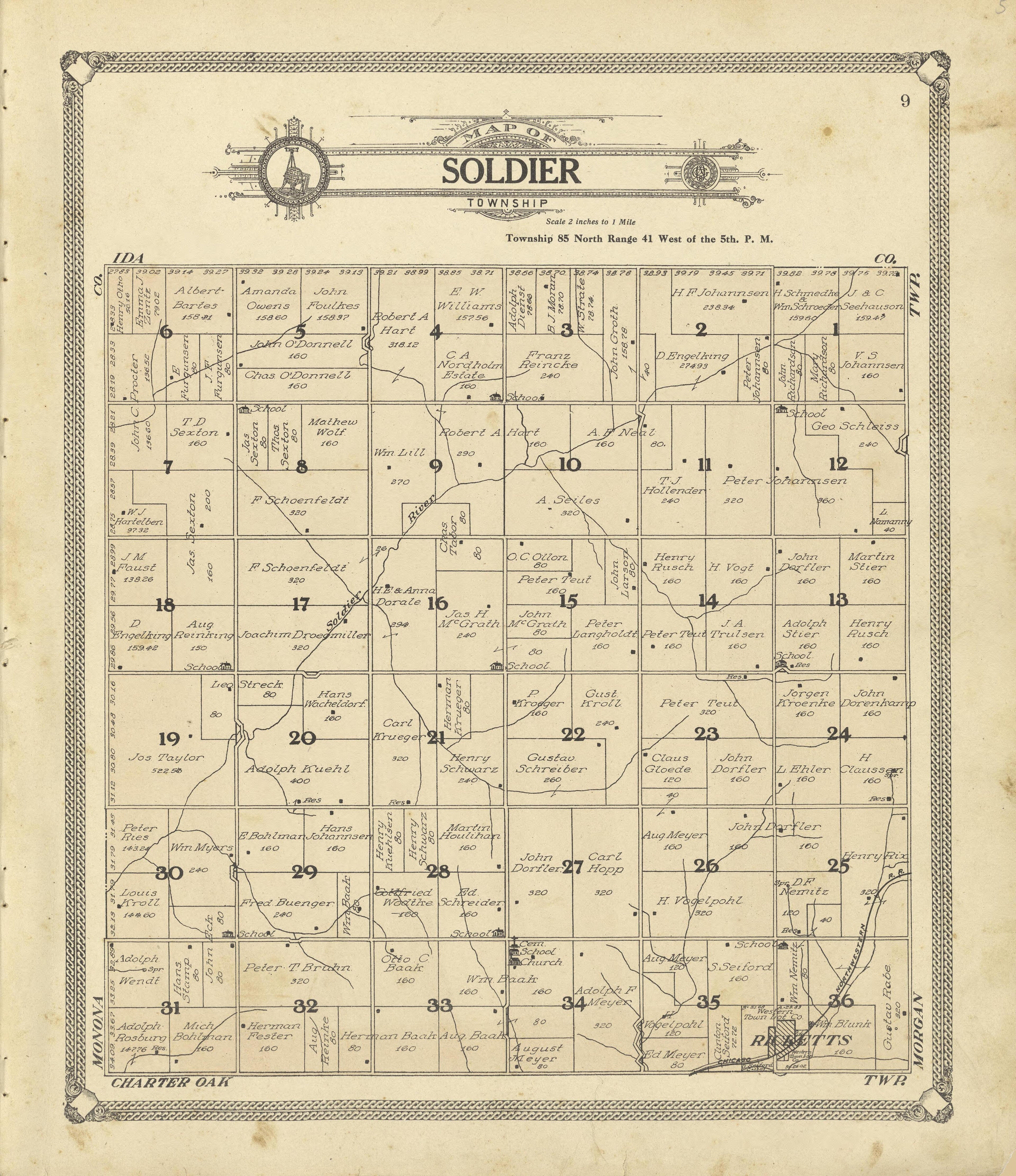 Map of Soldier Township from Standard Atlas of Crawford County, Iowa : Including a Plat Book of the Villages, Cities and Townships of the County, Map of the State, United States and World, Patrons Directory, Reference Business … 1908 by Relic Map Company