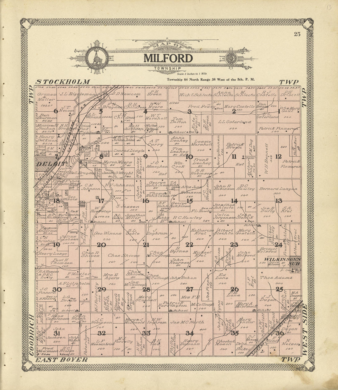 Map of Milford Township from Standard Atlas of Crawford County, Iowa : Including a Plat Book of the Villages, Cities and Townships of the County, Map of the State, United States and World, Patrons Directory, Reference Business … 1908 by Relic Map Company