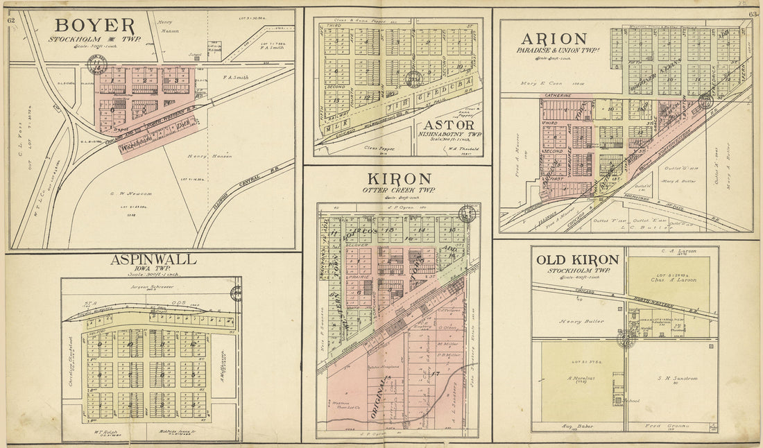 Boyer; Astor; Arion; Old Kiron; Kiron; Aspinwall from Standard Atlas of Crawford County, Iowa : Including a Plat Book of the Villages, Cities and Townships of the County, Map of the State, United States and World, Patrons Directory, Reference Business... by Relic Map Company