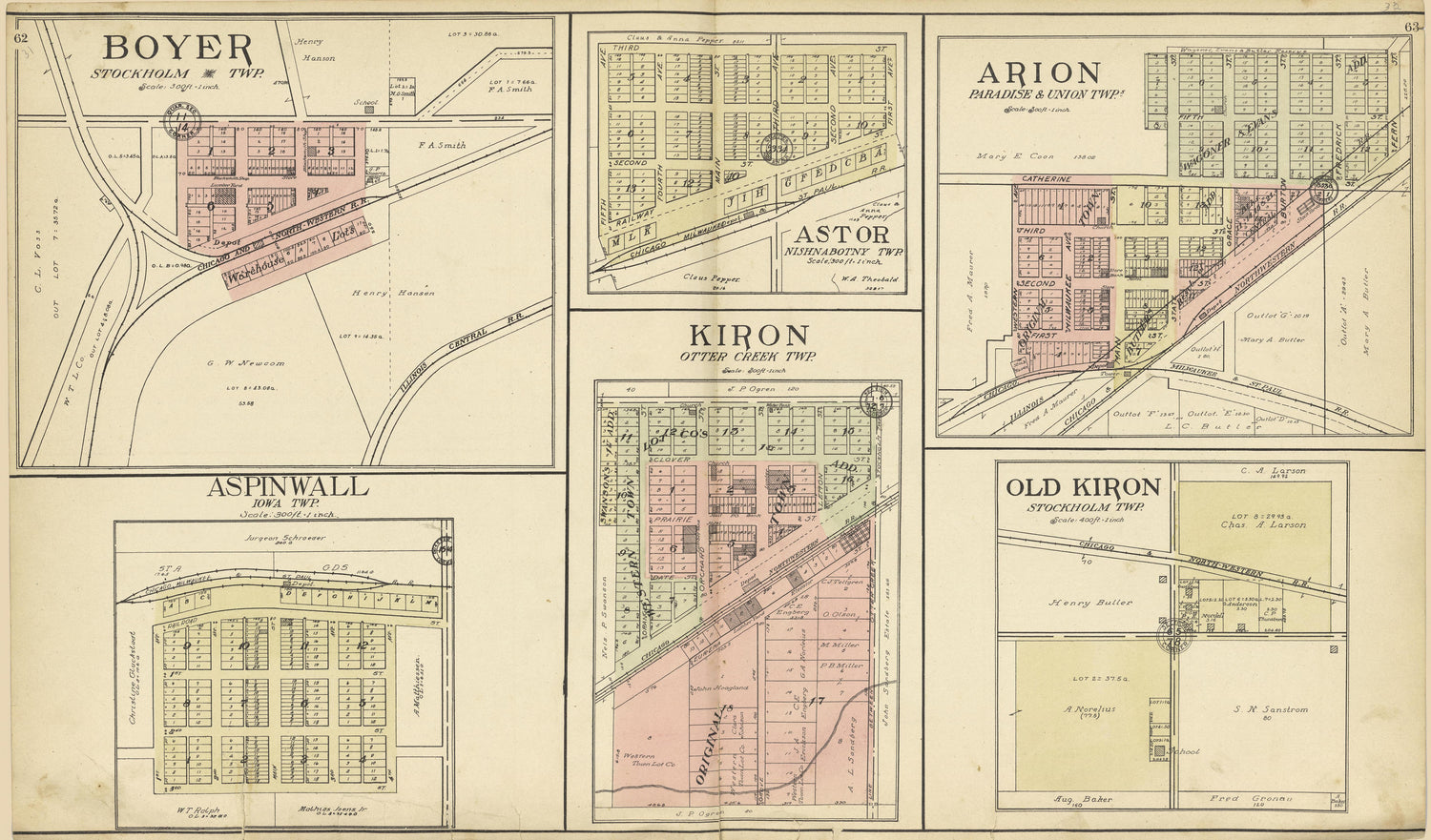 Boyer; Astor; Arion; Old Kiron; Kiron; Aspinwall from Standard Atlas of Crawford County, Iowa : Including a Plat Book of the Villages, Cities and Townships of the County, Map of the State, United States and World, Patrons Directory, Reference Business... by Relic Map Company