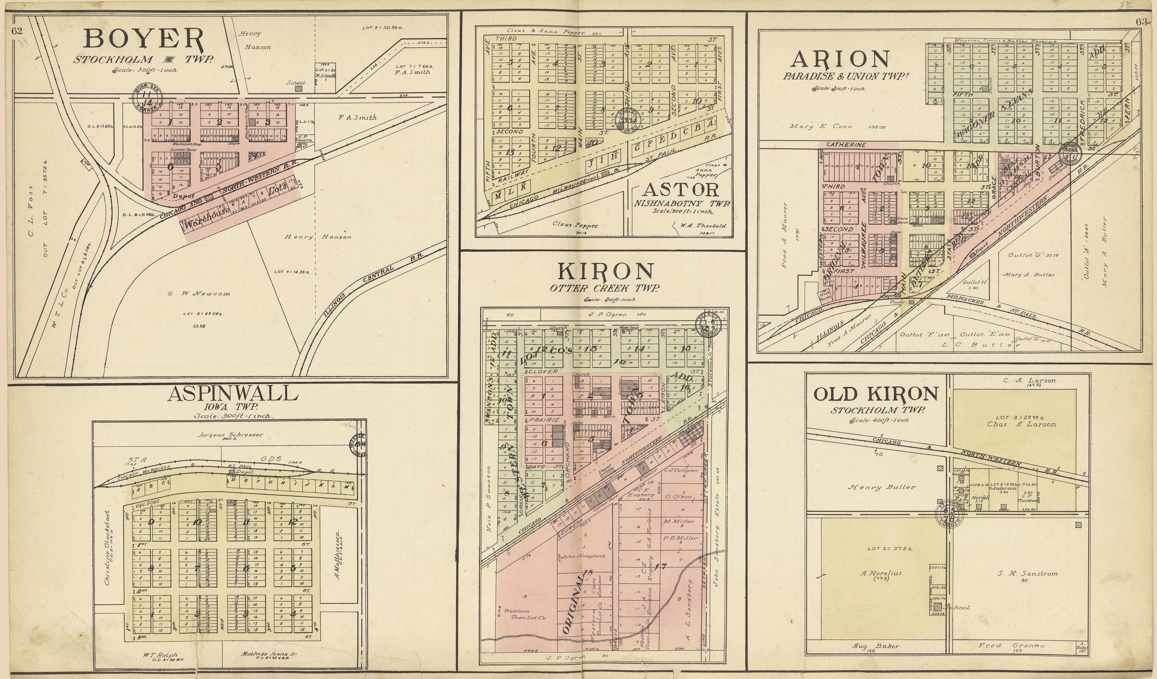 Boyer; Astor; Arion; Old Kiron; Kiron; Aspinwall from Standard Atlas of Crawford County, Iowa : Including a Plat Book of the Villages, Cities and Townships of the County, Map of the State, United States and World, Patrons Directory, Reference Business... by Relic Map Company