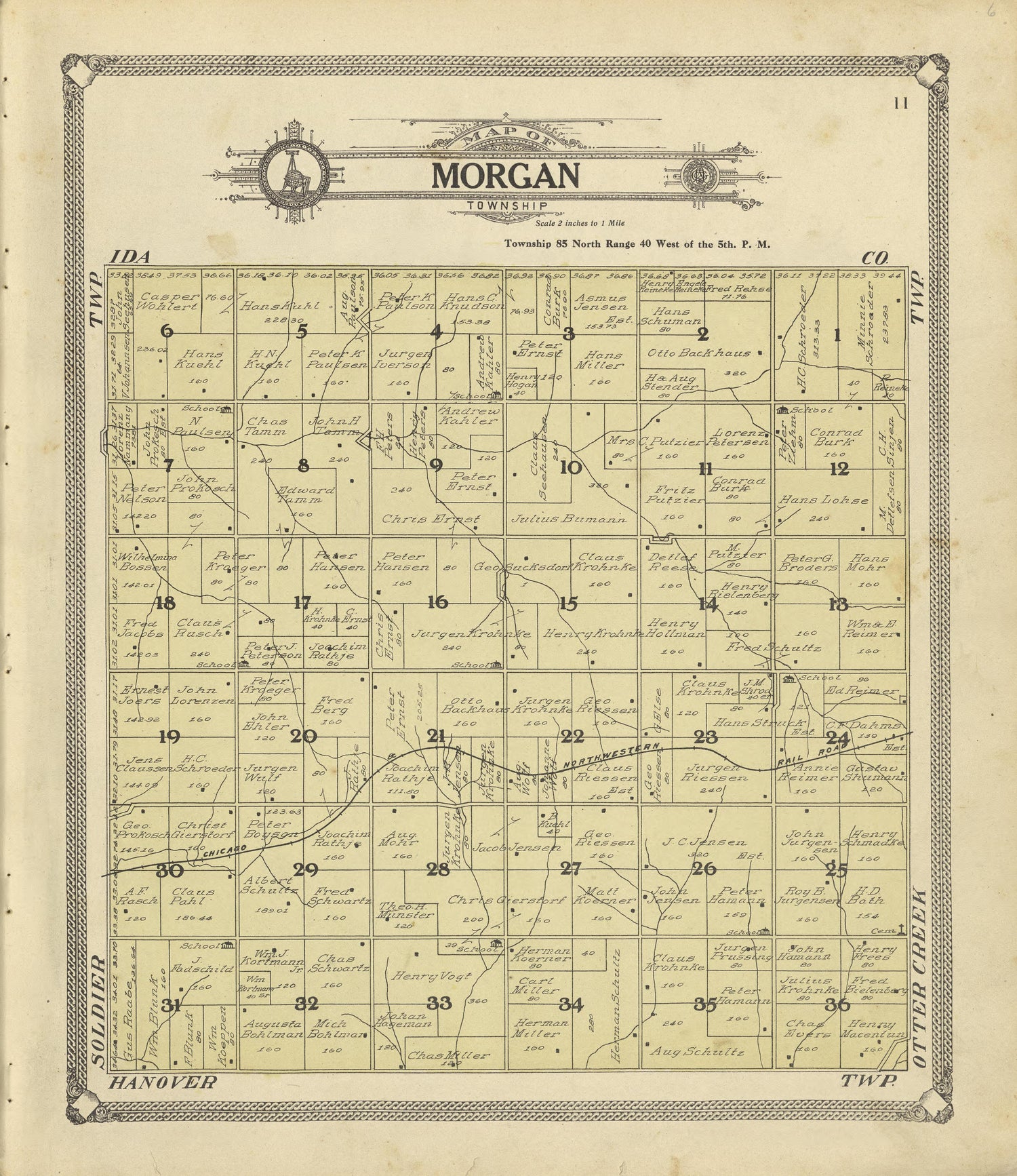 Map of Morgan Township from Standard Atlas of Crawford County, Iowa : Including a Plat Book of the Villages, Cities and Townships of the County, Map of the State, United States and World, Patrons Directory, Reference Business … 1908 by Relic Map Company