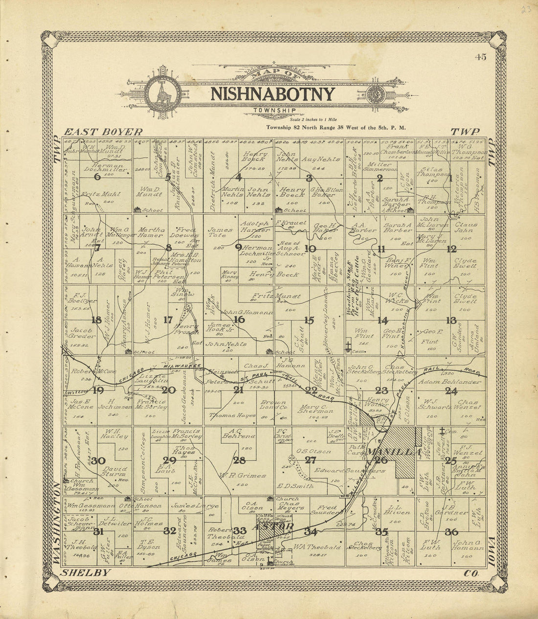Map of Nishnabotny Township from Standard Atlas of Crawford County, Iowa : Including a Plat Book of the Villages, Cities and Townships of the County, Map of the State, United States and World, Patrons Directory, Reference Business … 1908 by Relic Map Company