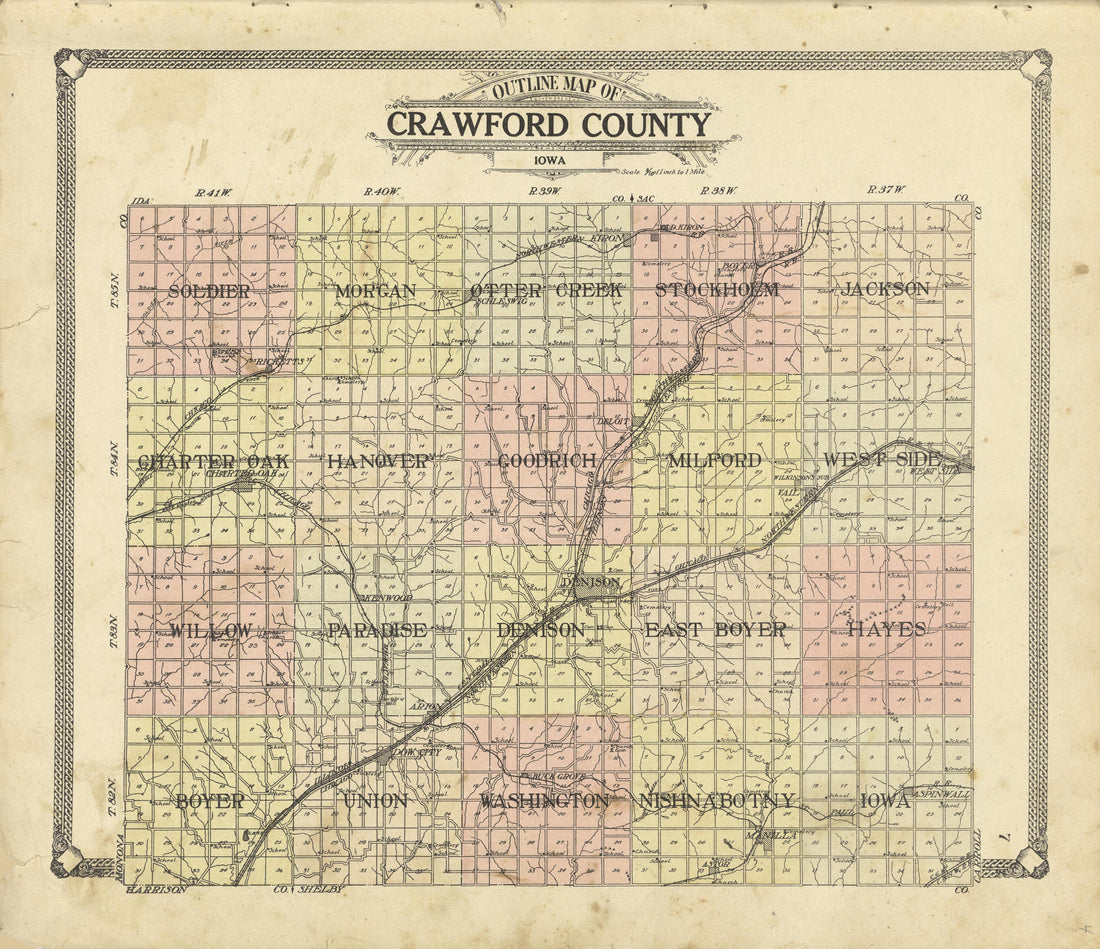 Outline Map of Crawford County, Iowa from Standard Atlas of Crawford County, Iowa : Including a Plat Book of the Villages, Cities and Townships of the County, Map of the State, United States and World, Patrons Directory, Reference Business … 1908 by Relic Map Company