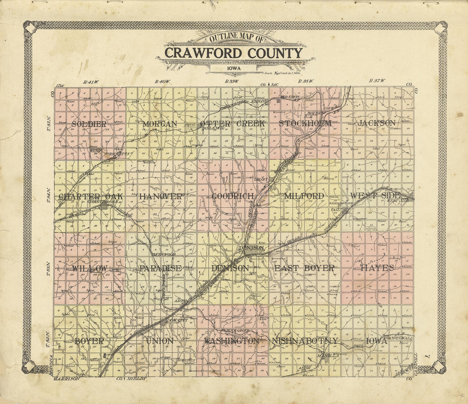 Outline Map of Crawford County, Iowa from Standard Atlas of Crawford County, Iowa : Including a Plat Book of the Villages, Cities and Townships of the County, Map of the State, United States and World, Patrons Directory, Reference Business … 1908 by Relic Map Company