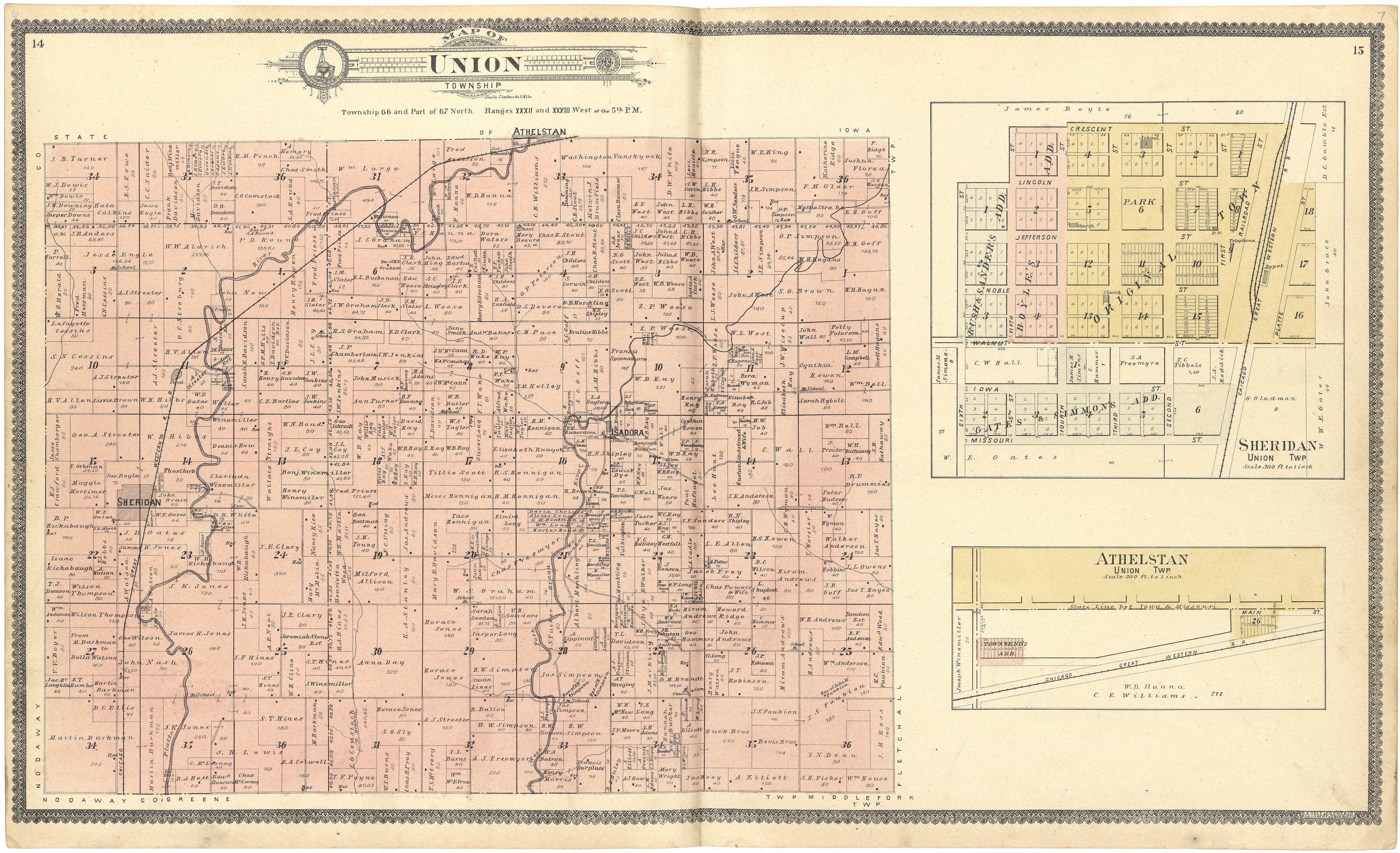 Map of Union Township from Standard Atlas of Worth County, Missouri : Including a Plat Book of the Villages, Cities and Townships of the County, Map of the State, United States and World, Patrons Directory, Reference Business … 1902 by Relic Map Company