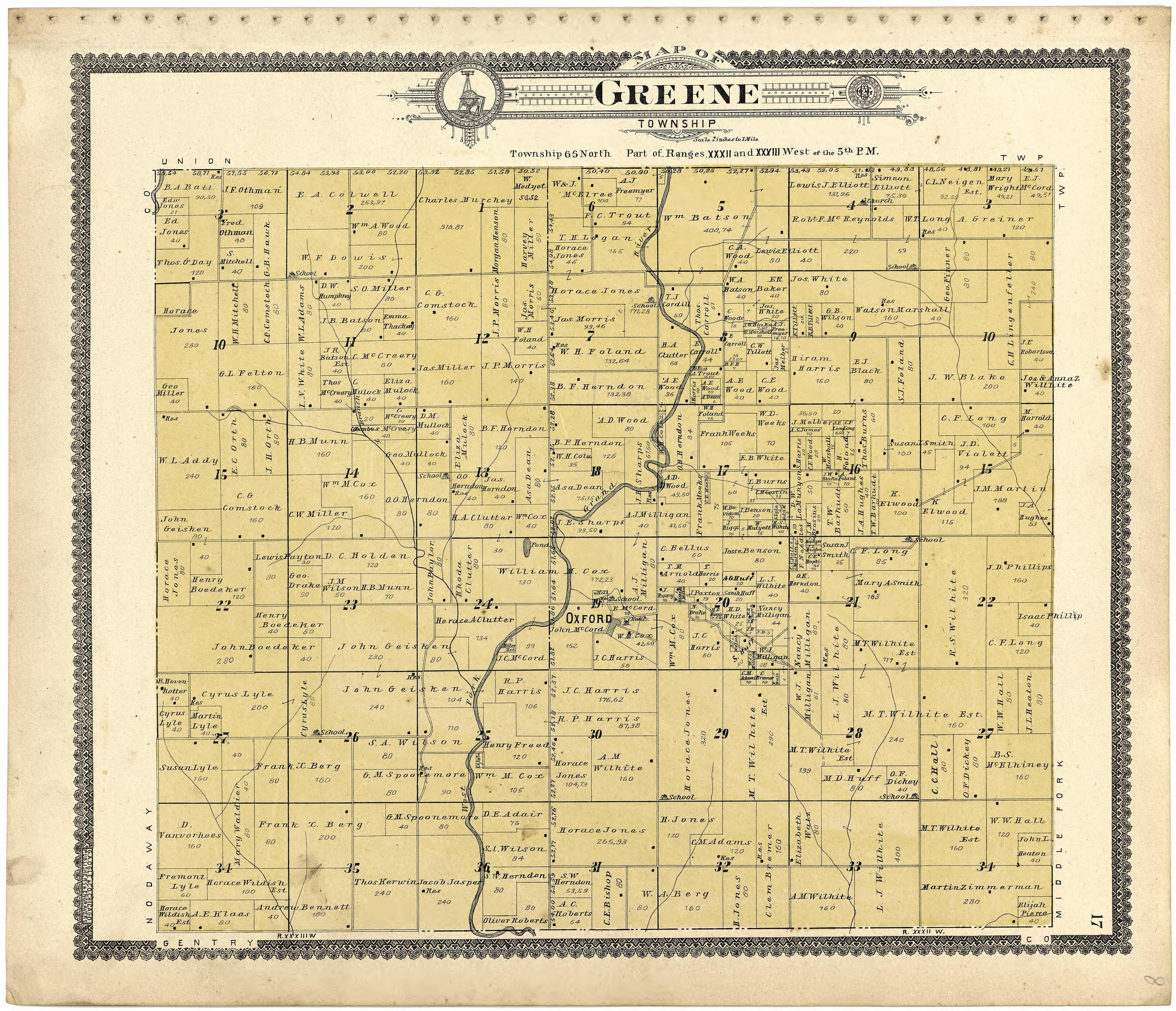 Map of Greene Township from Standard Atlas of Worth County, Missouri : Including a Plat Book of the Villages, Cities and Townships of the County, Map of the State, United States and World, Patrons Directory, Reference Business … 1902 by Relic Map Company