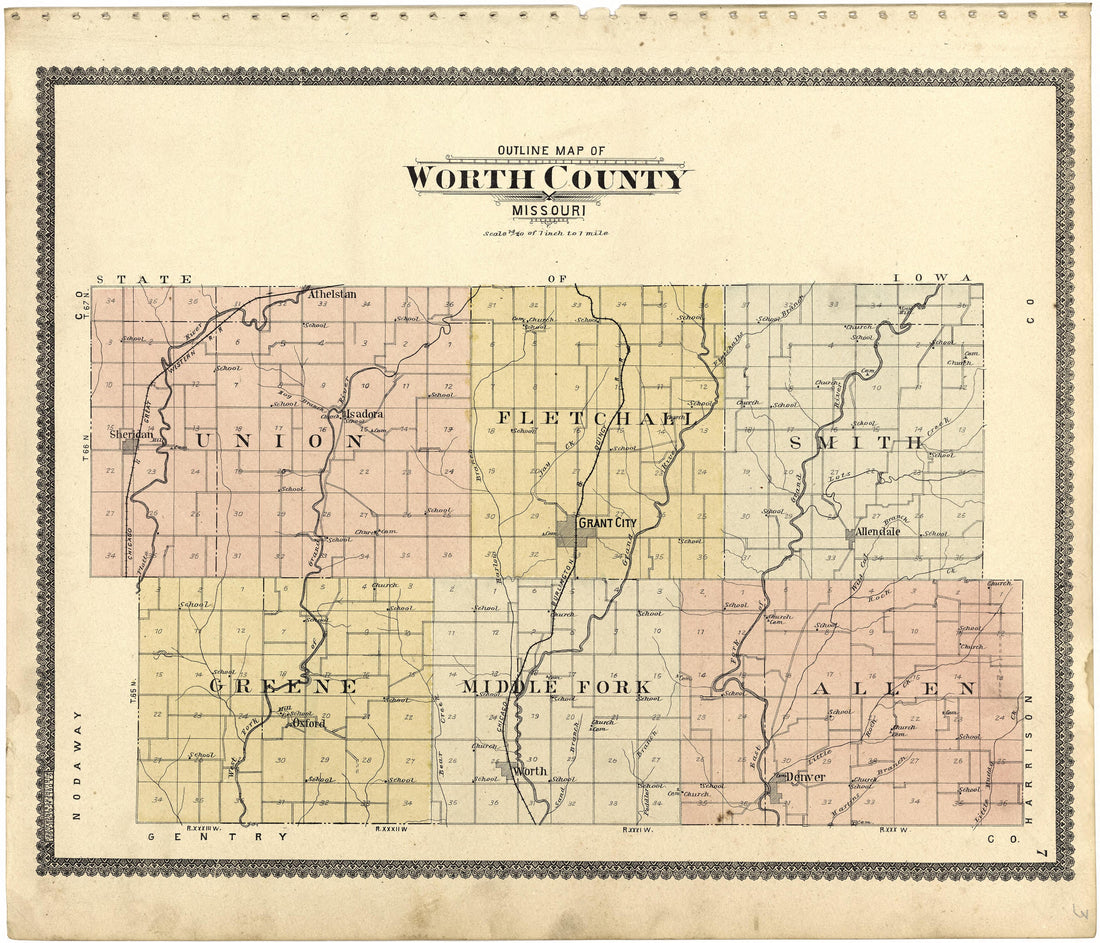 Outline Map of Worth County, Missouri from Standard Atlas of Worth County, Missouri : Including a Plat Book of the Villages, Cities and Townships of the County, Map of the State, United States and World, Patrons Directory, Reference Business … 1902 by Relic Map Company
