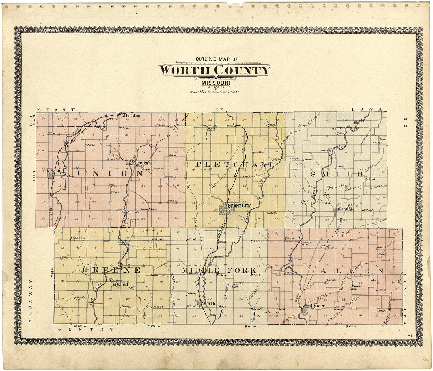 Outline Map of Worth County, Missouri from Standard Atlas of Worth County, Missouri : Including a Plat Book of the Villages, Cities and Townships of the County, Map of the State, United States and World, Patrons Directory, Reference Business … 1902 by Relic Map Company