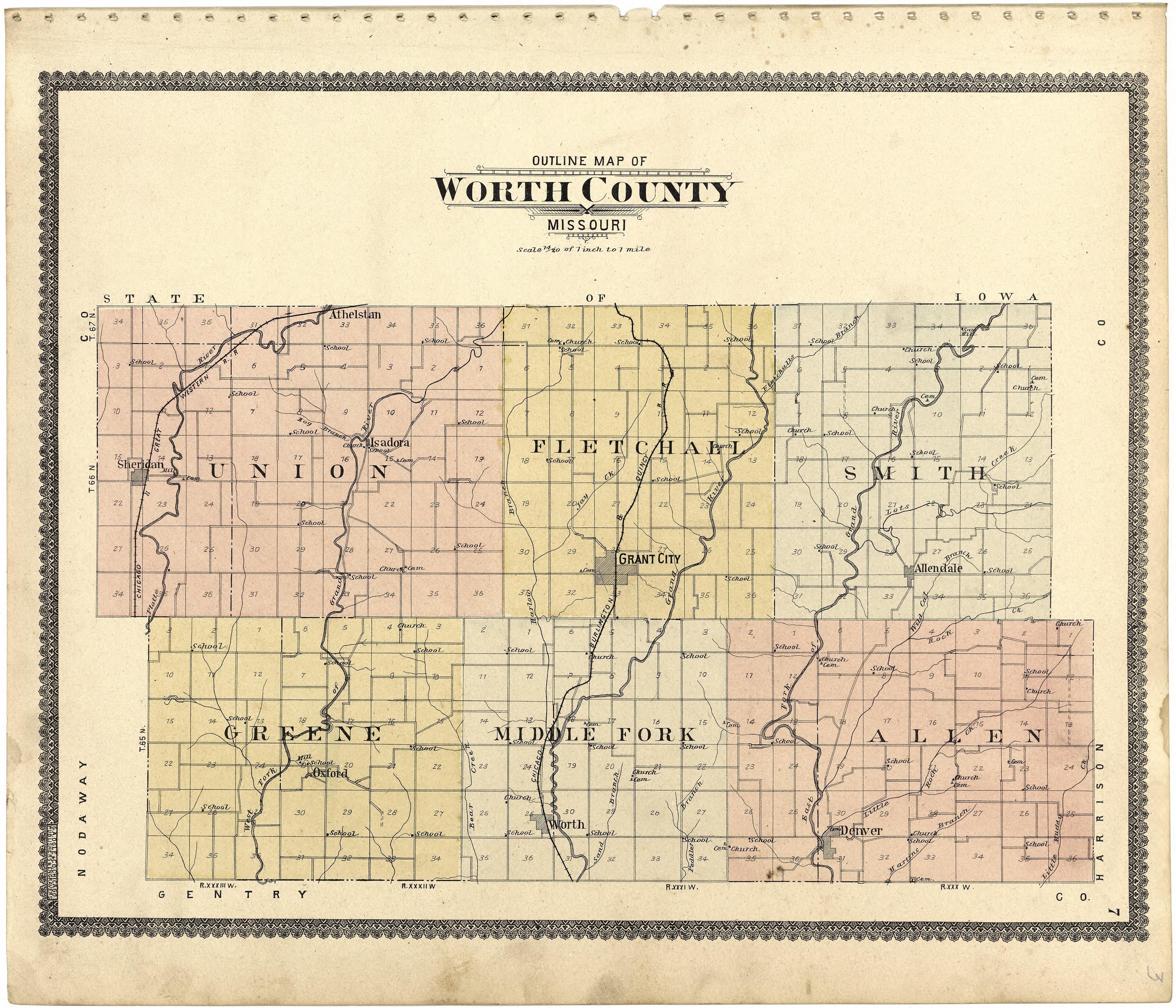 Outline Map of Worth County, Missouri from Standard Atlas of Worth County, Missouri : Including a Plat Book of the Villages, Cities and Townships of the County, Map of the State, United States and World, Patrons Directory, Reference Business … 1902 by Relic Map Company