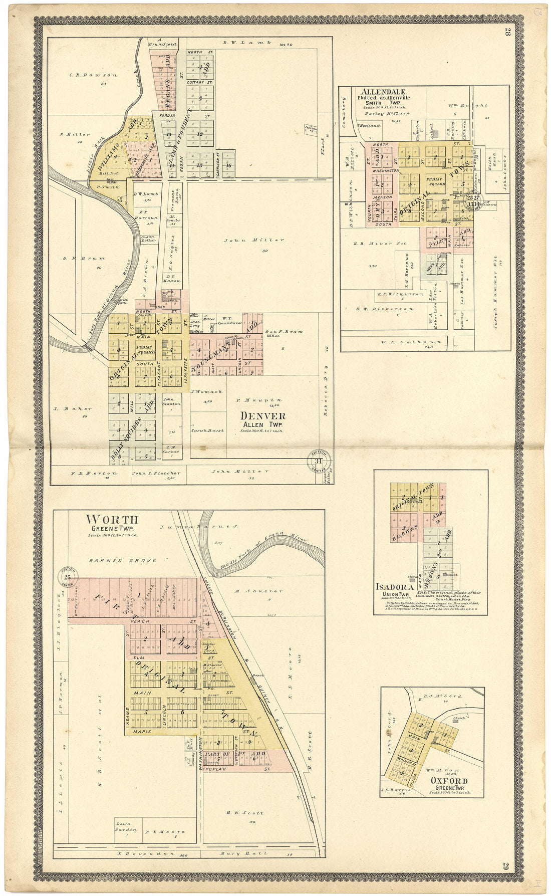 Denver; Allendale; Worth; Isadora; Oxford from Standard Atlas of Worth County, Missouri : Including a Plat Book of the Villages, Cities and Townships of the County, Map of the State, United States and World, Patrons Directory, Reference Business … 1902 by Relic Map Company