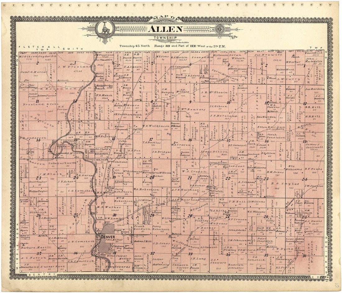 Map of Allen Township from Standard Atlas of Worth County, Missouri : Including a Plat Book of the Villages, Cities and Townships of the County, Map of the State, United States and World, Patrons Directory, Reference Business … 1902 by Relic Map Company