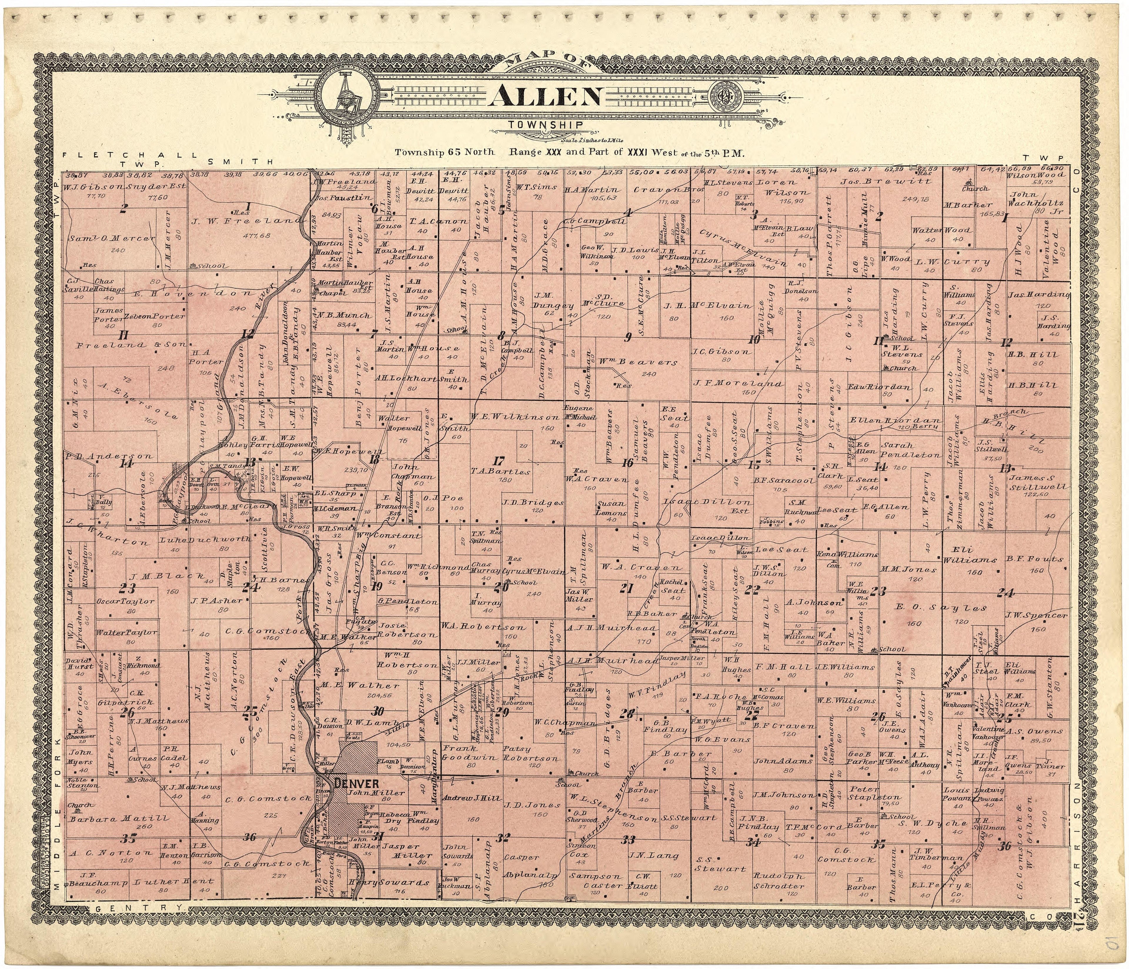 Map of Allen Township from Standard Atlas of Worth County, Missouri : Including a Plat Book of the Villages, Cities and Townships of the County, Map of the State, United States and World, Patrons Directory, Reference Business … 1902 by Relic Map Company