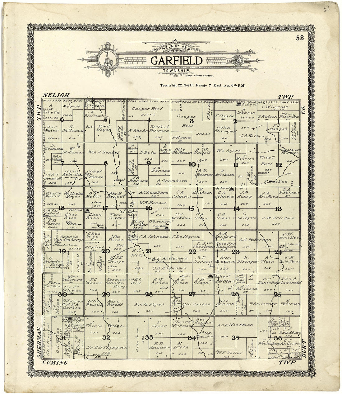 Map of Garfield Township from Standard Atlas of Cuming County, Nebraska : Including a Plat Book of the Villages, Cities and Townships of the County, Map of the State, United States and World, Patrons Directory, Reference Business … 1908 by Relic Map Company