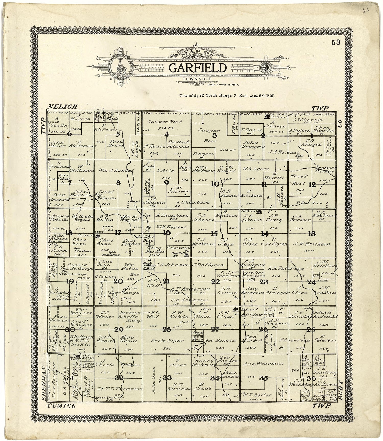 Map of Garfield Township from Standard Atlas of Cuming County, Nebraska : Including a Plat Book of the Villages, Cities and Townships of the County, Map of the State, United States and World, Patrons Directory, Reference Business … 1908 by Relic Map Company