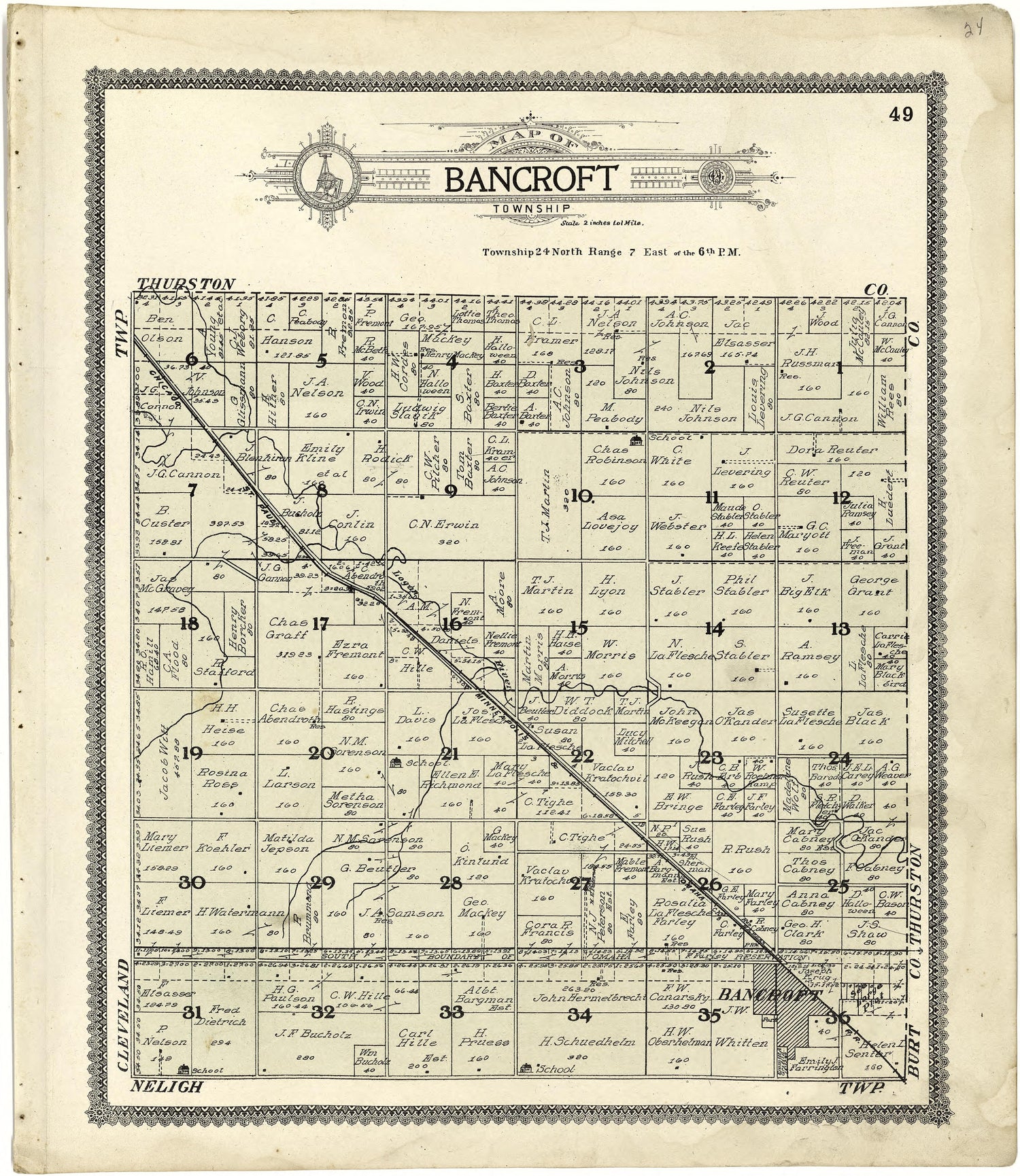 Map of Bancroft Township from Standard Atlas of Cuming County, Nebraska : Including a Plat Book of the Villages, Cities and Townships of the County, Map of the State, United States and World, Patrons Directory, Reference Business … 1908 by Relic Map Company