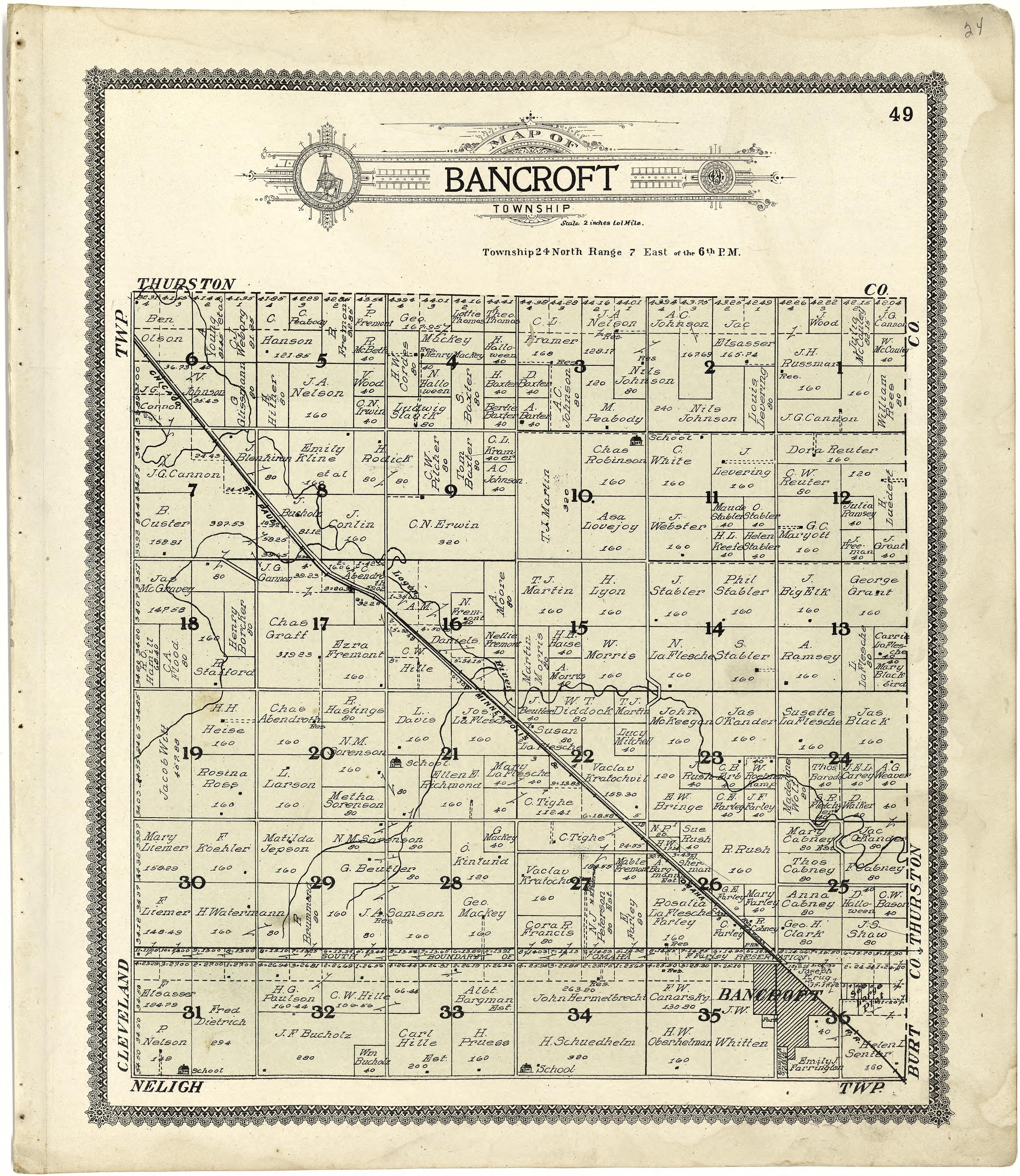 Map of Bancroft Township from Standard Atlas of Cuming County, Nebraska : Including a Plat Book of the Villages, Cities and Townships of the County, Map of the State, United States and World, Patrons Directory, Reference Business … 1908 by Relic Map Company