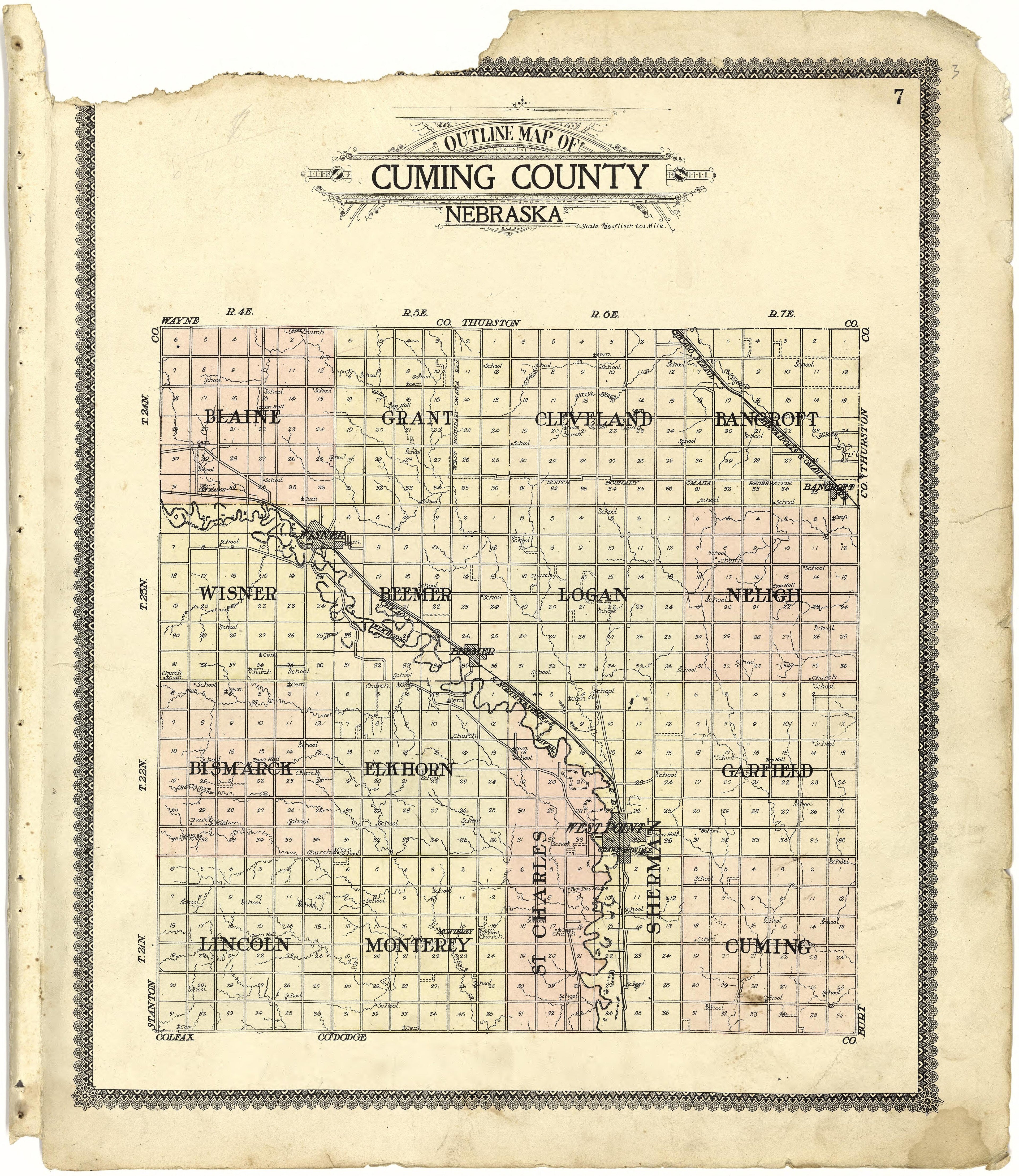 Outline Map of Cuming County, Nebraska from Standard Atlas of Cuming County, Nebraska : Including a Plat Book of the Villages, Cities and Townships of the County, Map of the State, United States and World, Patrons Directory, Reference Business … 1908 by Relic Map Company