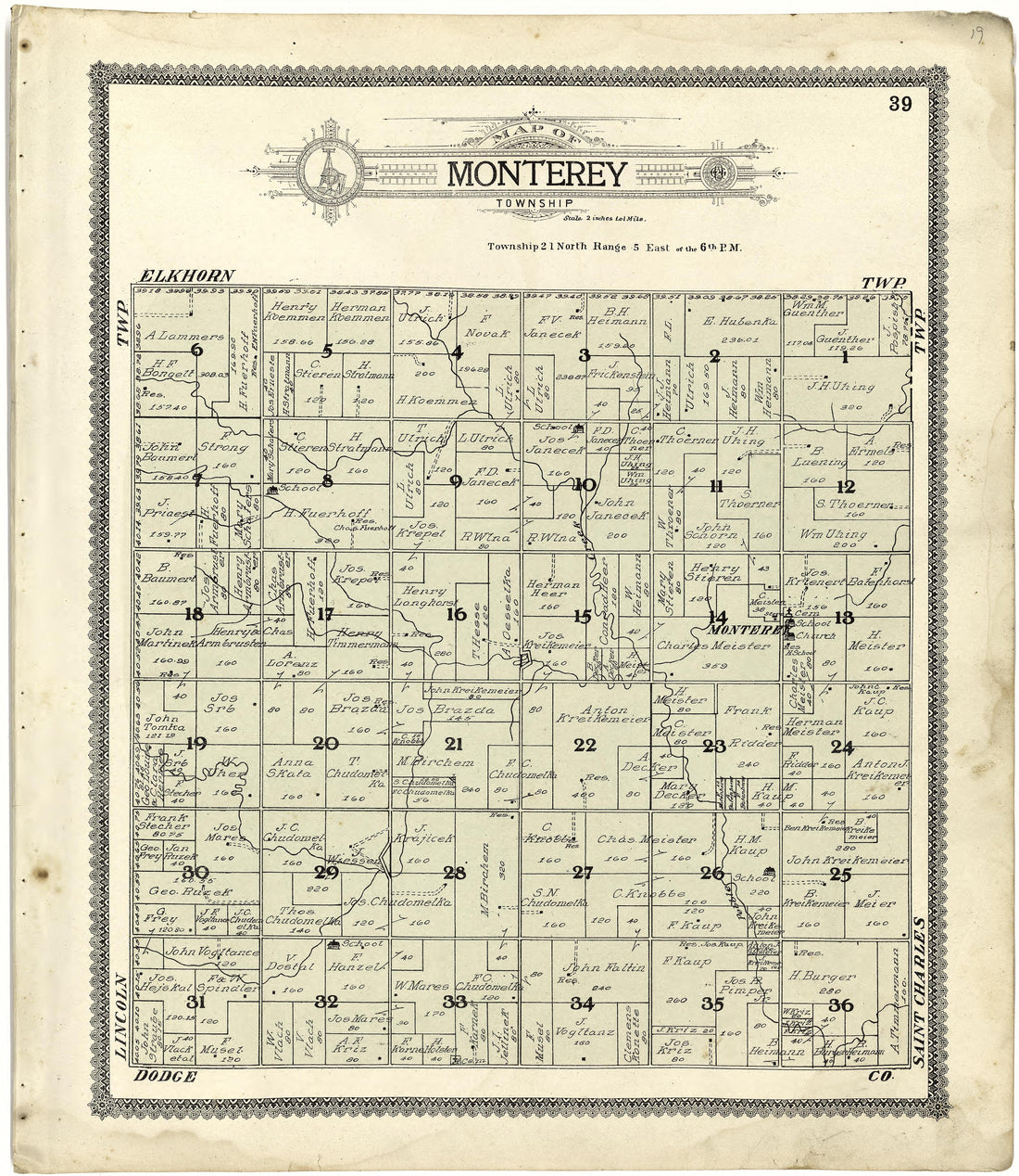 Map of Monterey Township from Standard Atlas of Cuming County, Nebraska : Including a Plat Book of the Villages, Cities and Townships of the County, Map of the State, United States and World, Patrons Directory, Reference Business … 1908 by Relic Map Company