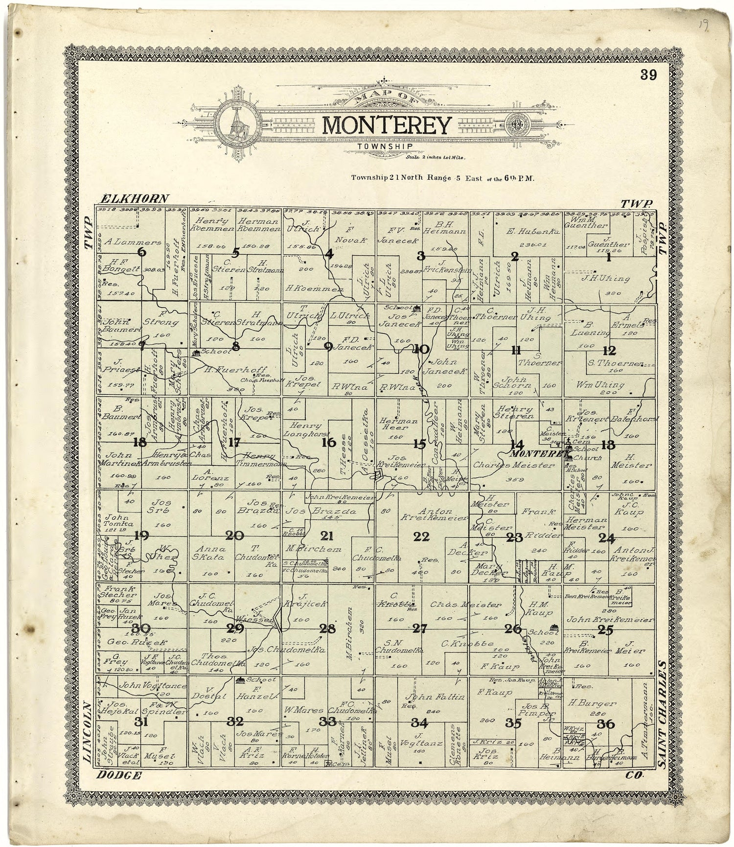 Map of Monterey Township from Standard Atlas of Cuming County, Nebraska : Including a Plat Book of the Villages, Cities and Townships of the County, Map of the State, United States and World, Patrons Directory, Reference Business … 1908 by Relic Map Company