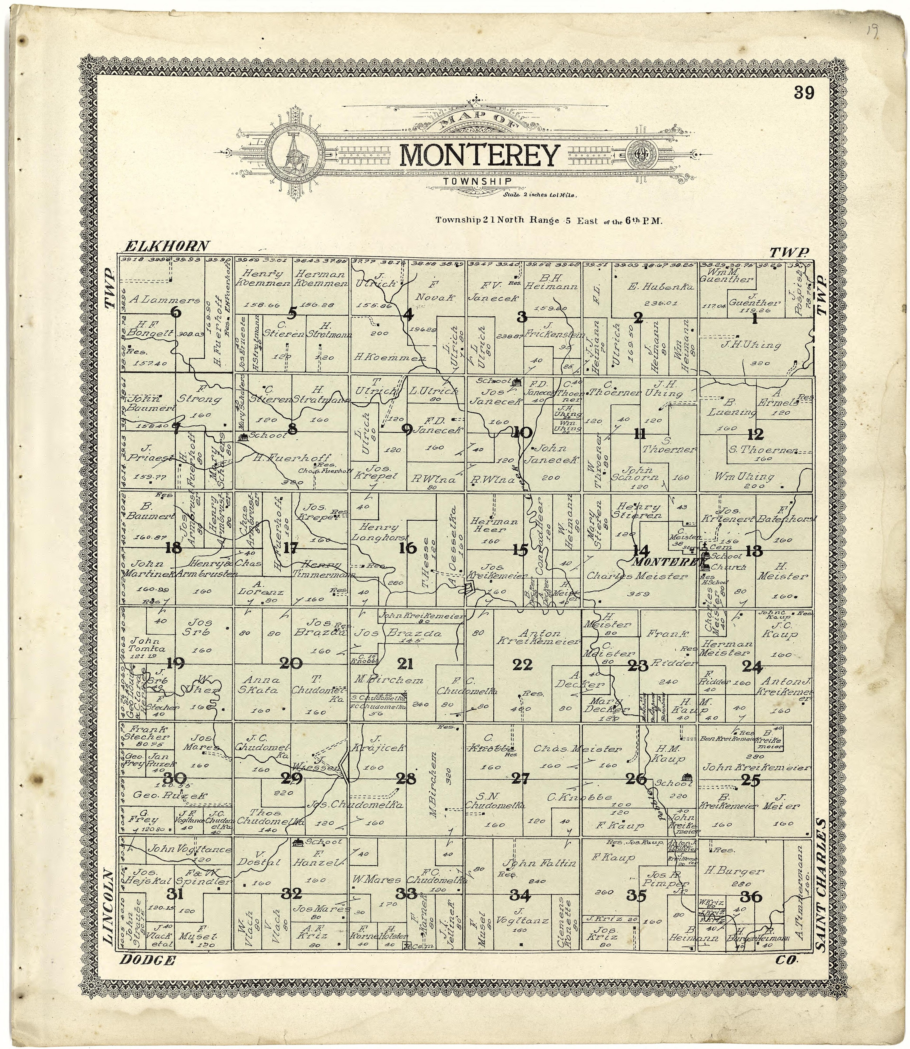 Map of Monterey Township from Standard Atlas of Cuming County, Nebraska : Including a Plat Book of the Villages, Cities and Townships of the County, Map of the State, United States and World, Patrons Directory, Reference Business … 1908 by Relic Map Company