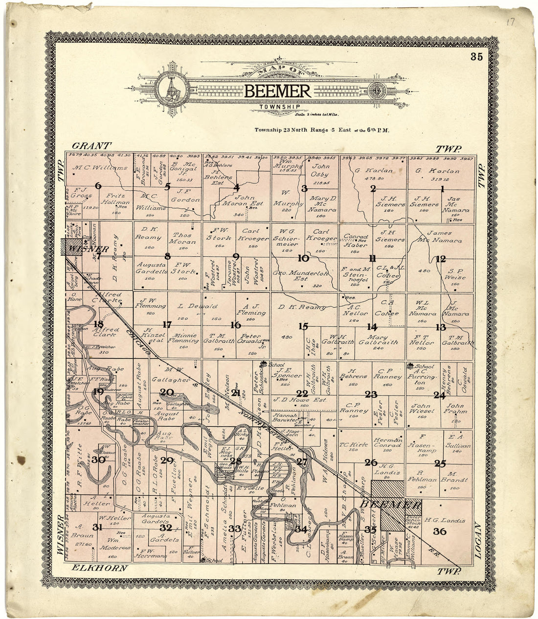 Map of Beemer Township from Standard Atlas of Cuming County, Nebraska : Including a Plat Book of the Villages, Cities and Townships of the County, Map of the State, United States and World, Patrons Directory, Reference Business … 1908 by Relic Map Company
