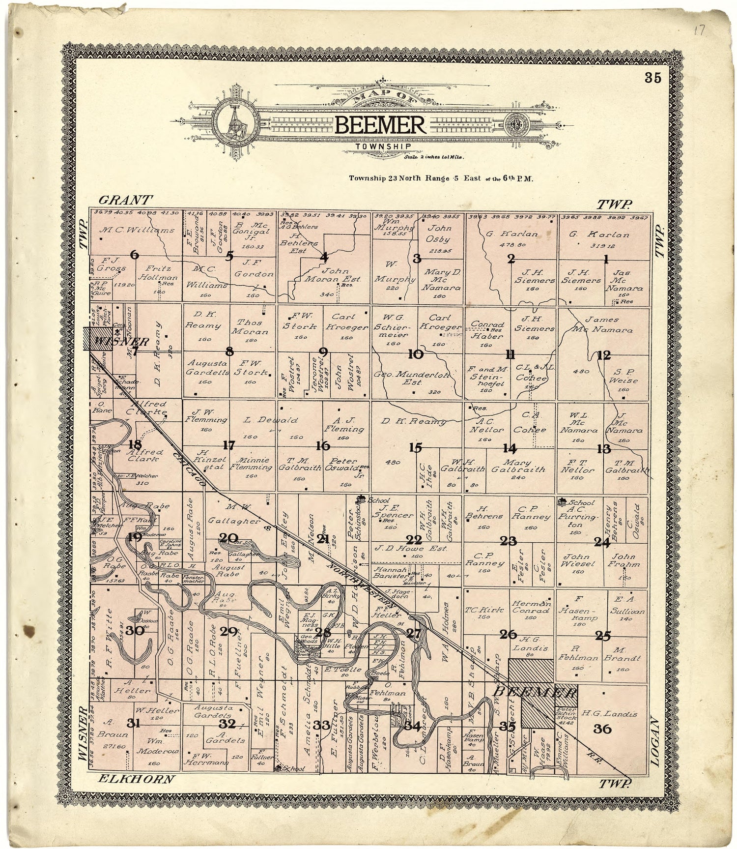 Map of Beemer Township from Standard Atlas of Cuming County, Nebraska : Including a Plat Book of the Villages, Cities and Townships of the County, Map of the State, United States and World, Patrons Directory, Reference Business … 1908 by Relic Map Company