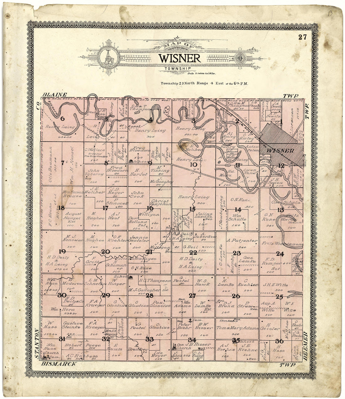 Map of Wisner Township from Standard Atlas of Cuming County, Nebraska : Including a Plat Book of the Villages, Cities and Townships of the County, Map of the State, United States and World, Patrons Directory, Reference Business … 1908 by Relic Map Company