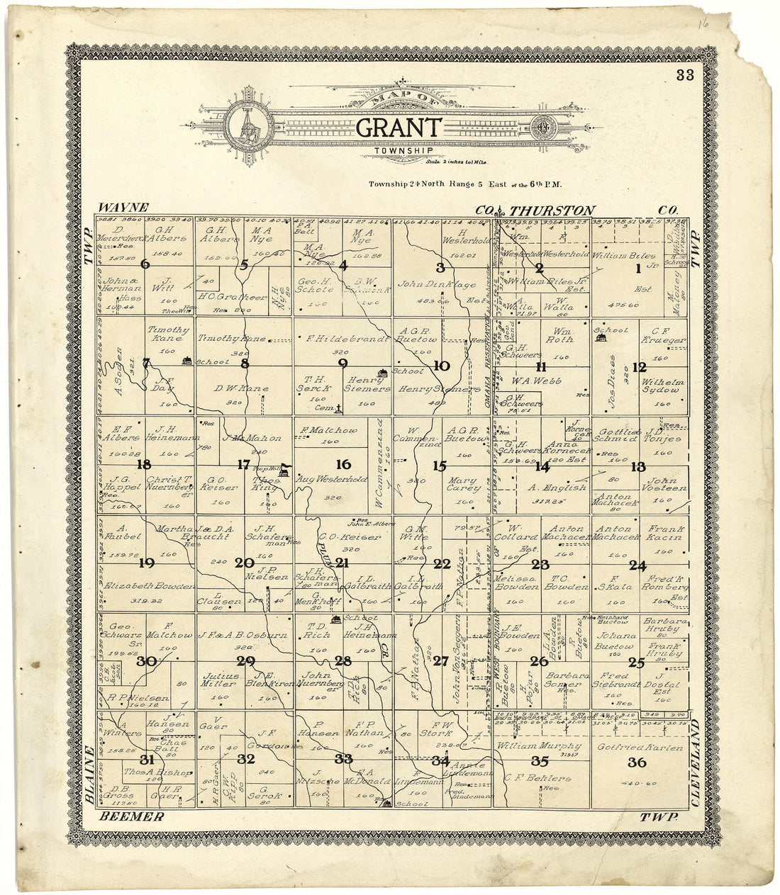 Map of Grant Township from Standard Atlas of Cuming County, Nebraska : Including a Plat Book of the Villages, Cities and Townships of the County, Map of the State, United States and World, Patrons Directory, Reference Business … 1908 by Relic Map Company