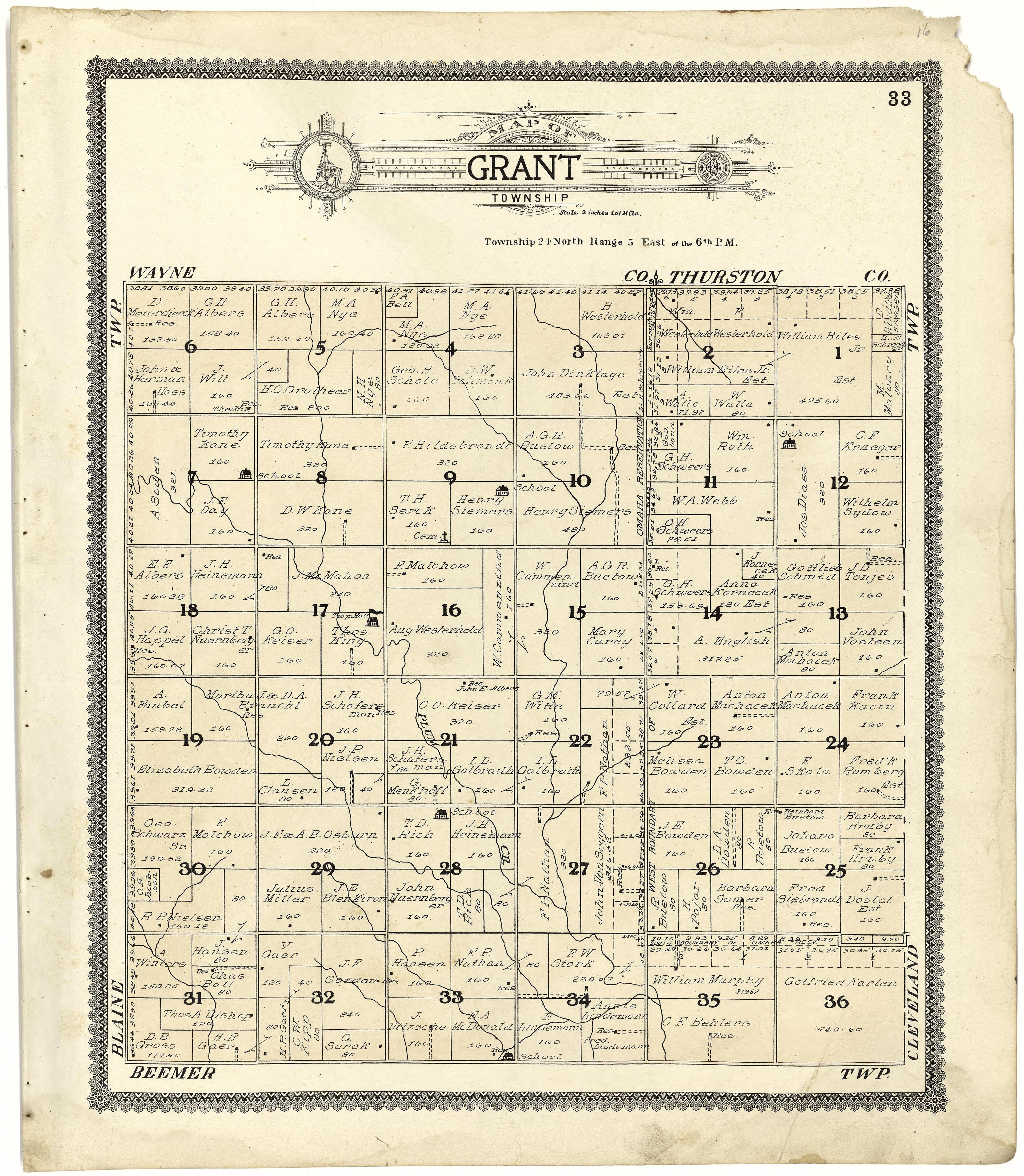 Map of Grant Township from Standard Atlas of Cuming County, Nebraska : Including a Plat Book of the Villages, Cities and Townships of the County, Map of the State, United States and World, Patrons Directory, Reference Business … 1908 by Relic Map Company