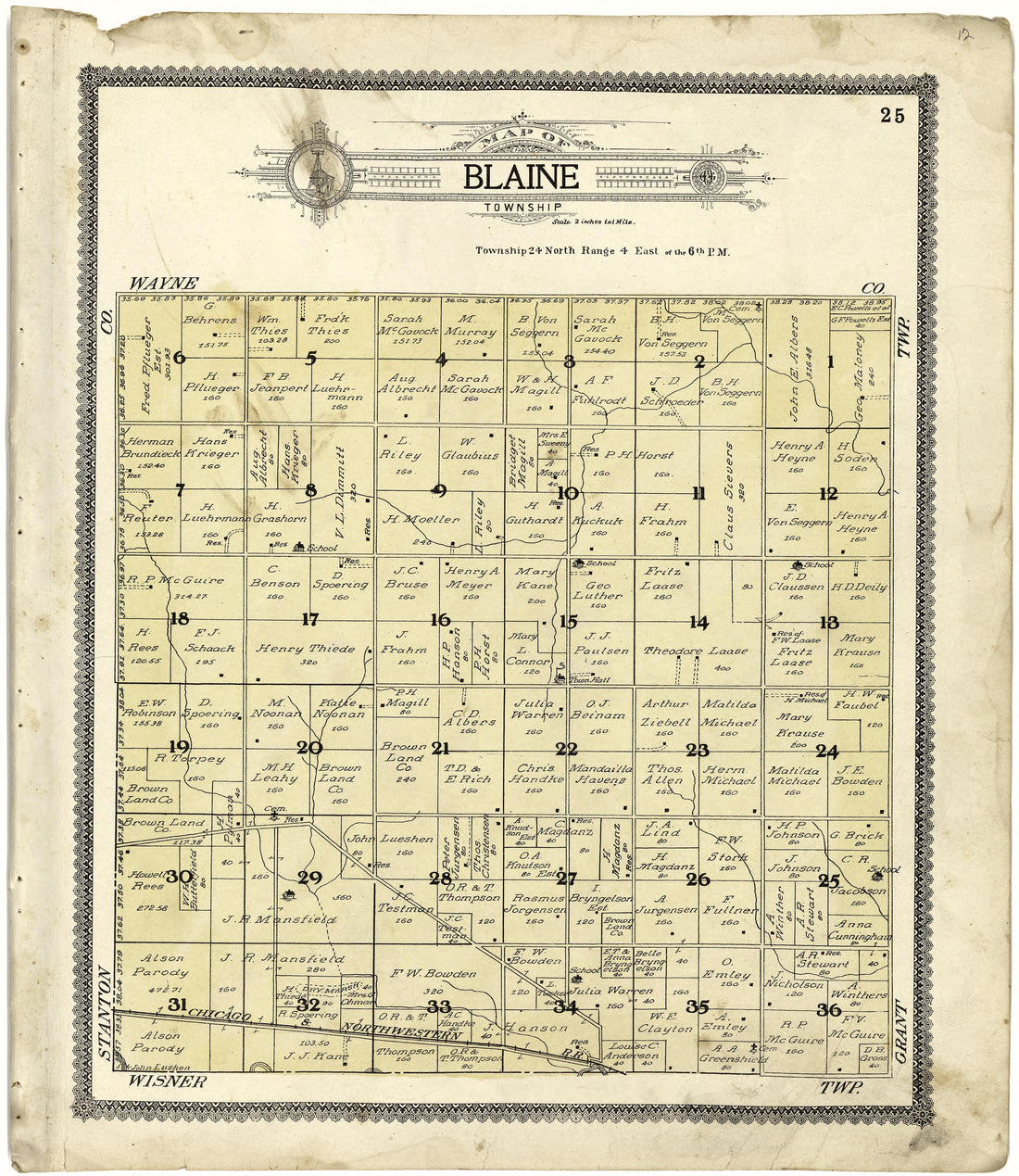 Map of Blaine Township from Standard Atlas of Cuming County, Nebraska : Including a Plat Book of the Villages, Cities and Townships of the County, Map of the State, United States and World, Patrons Directory, Reference Business … 1908 by Relic Map Company