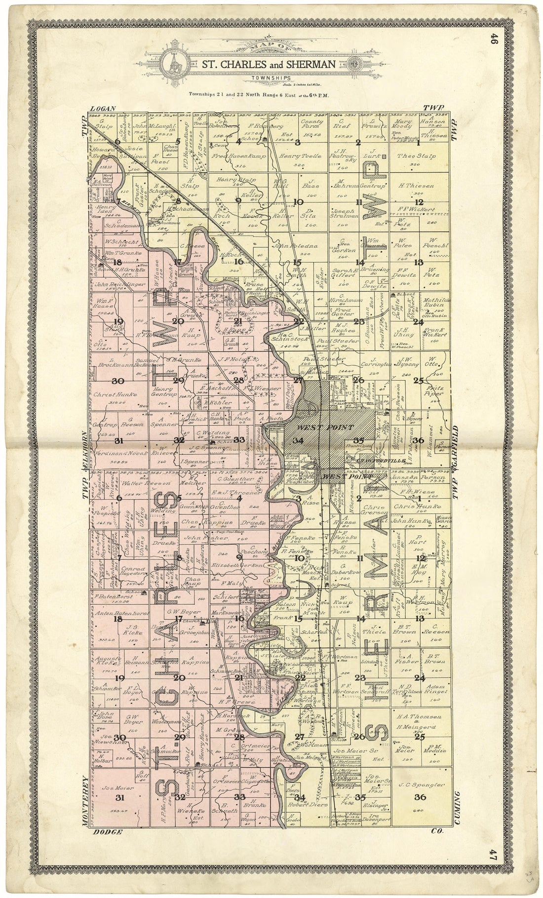 Map of St. Charles and Sherman Township from Standard Atlas of Cuming County, Nebraska : Including a Plat Book of the Villages, Cities and Townships of the County, Map of the State, United States and World, Patrons Directory, Reference Business … 1908 by Relic Map Company