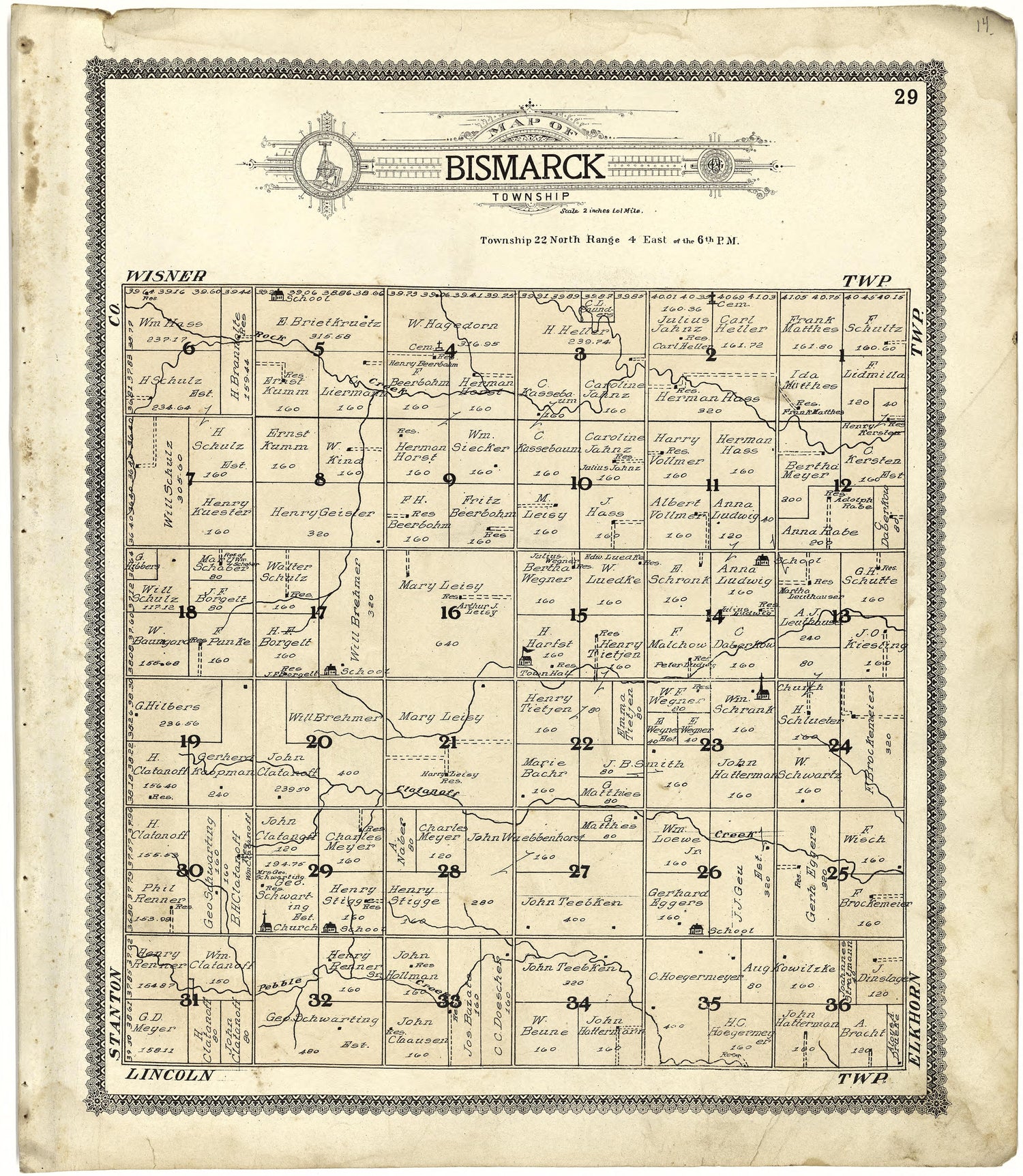Map of Bismarck Township from Standard Atlas of Cuming County, Nebraska : Including a Plat Book of the Villages, Cities and Townships of the County, Map of the State, United States and World, Patrons Directory, Reference Business … 1908 by Relic Map Company