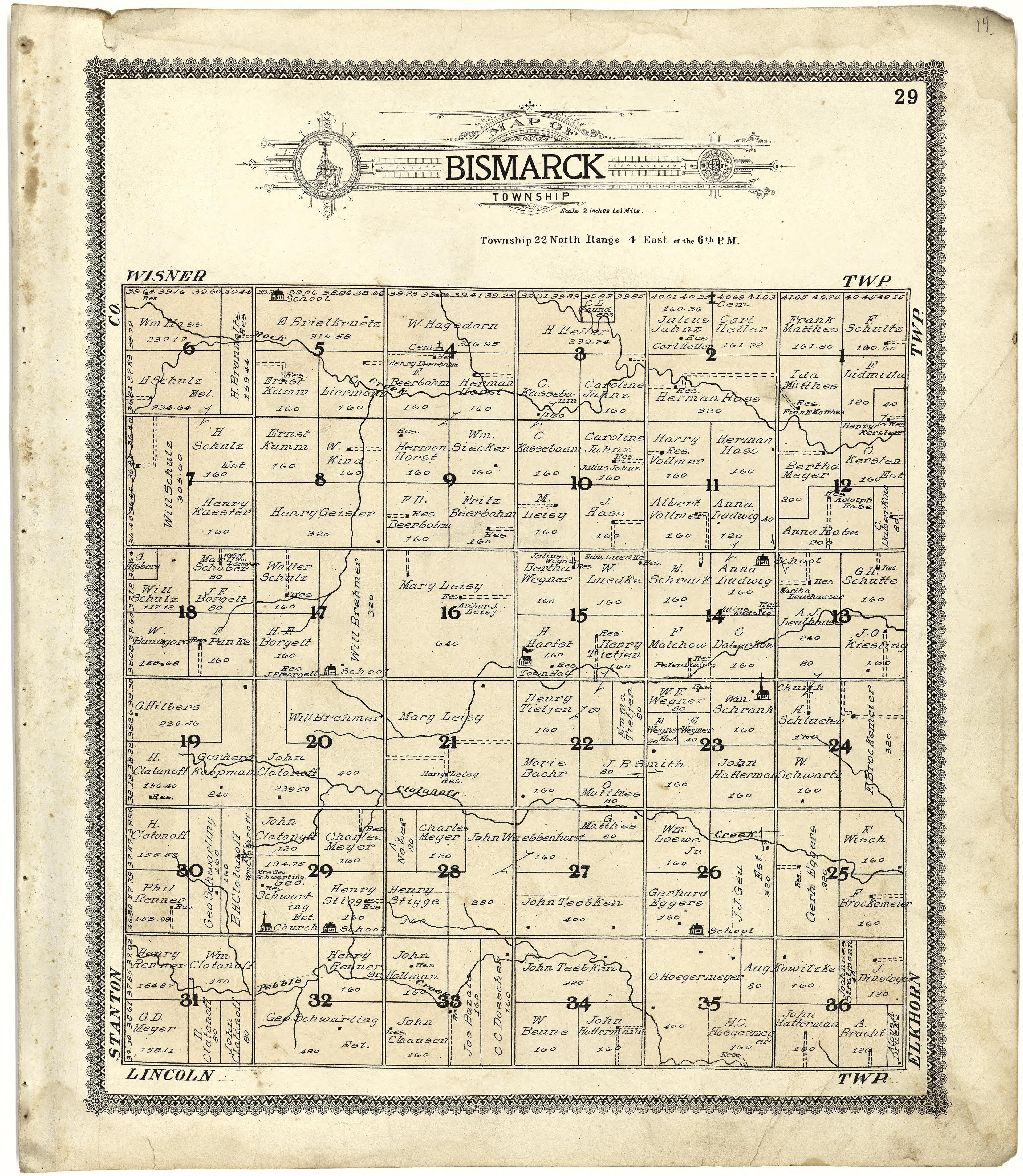 Map of Bismarck Township from Standard Atlas of Cuming County, Nebraska : Including a Plat Book of the Villages, Cities and Townships of the County, Map of the State, United States and World, Patrons Directory, Reference Business … 1908 by Relic Map Company