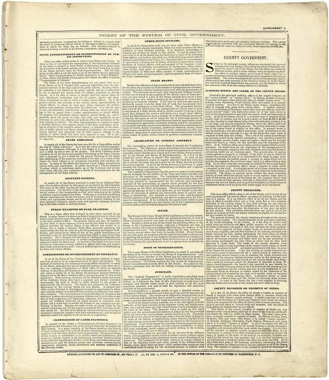Digest of the System of Civil Government from Standard Atlas of Cuming County, Nebraska : Including a Plat Book of the Villages, Cities and Townships of the County, Map of the State, United States and World, Patrons Directory, Reference Business … 1908 by Relic Map Company