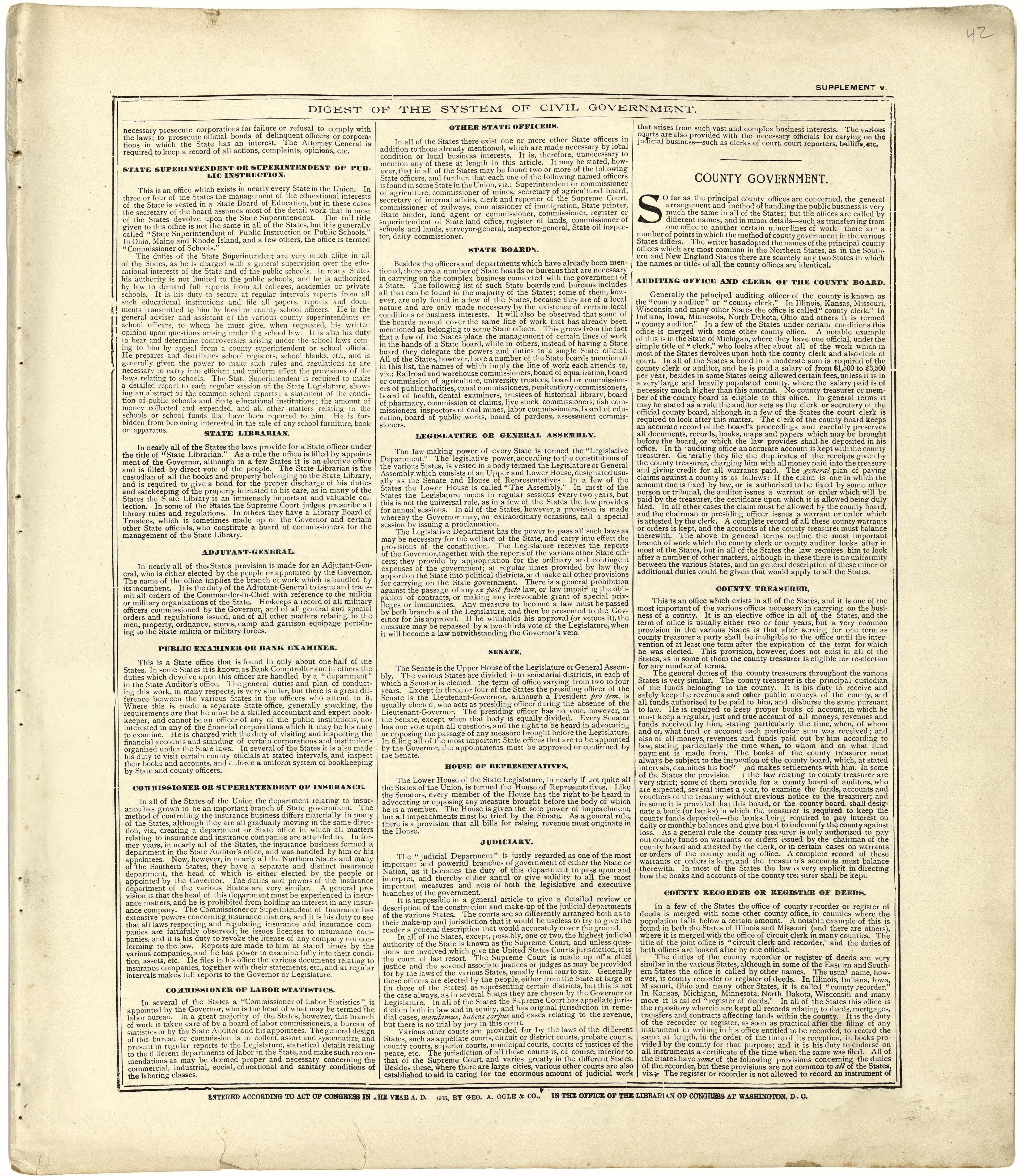 Digest of the System of Civil Government from Standard Atlas of Cuming County, Nebraska : Including a Plat Book of the Villages, Cities and Townships of the County, Map of the State, United States and World, Patrons Directory, Reference Business … 1908 by Relic Map Company
