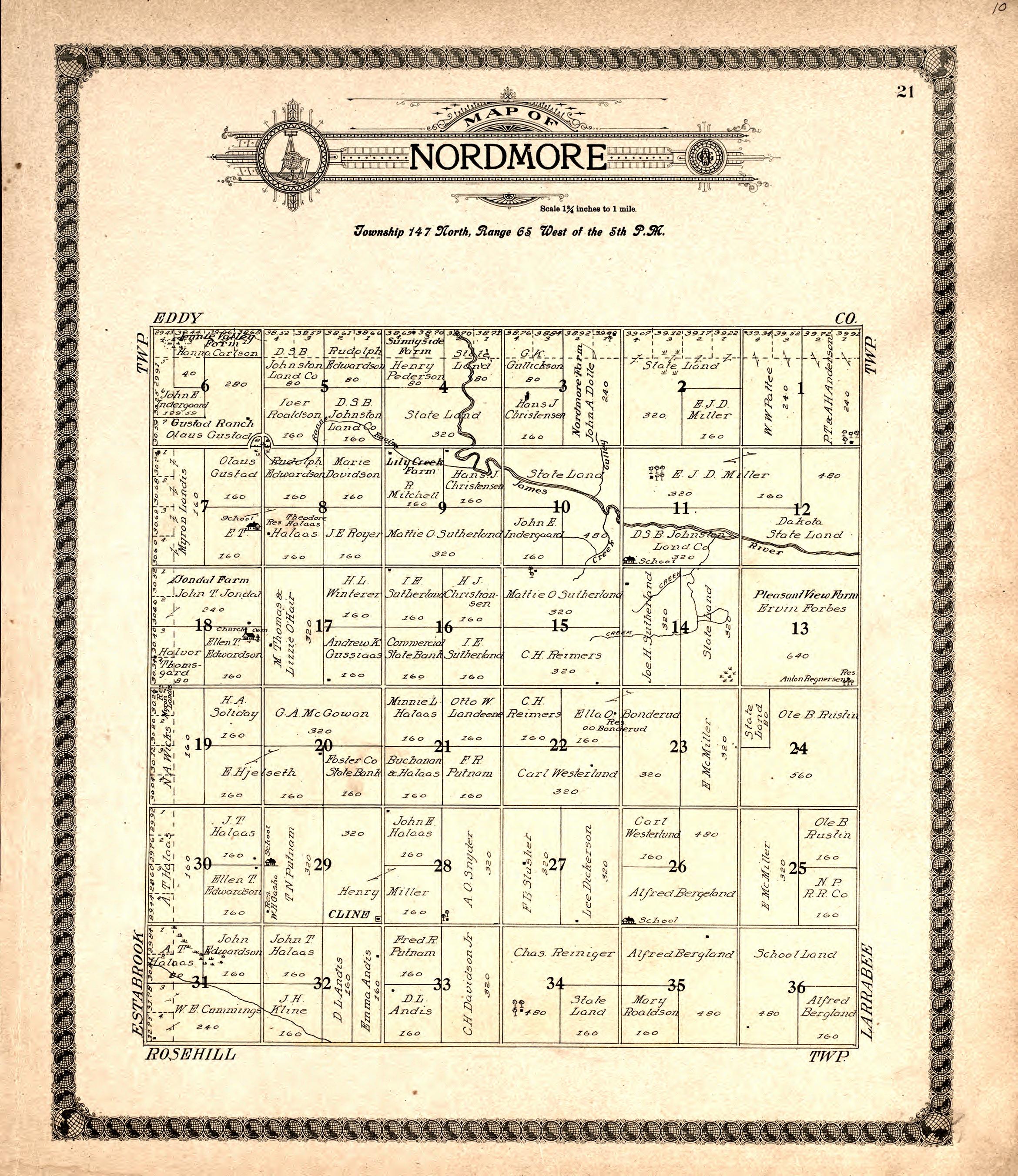 Nordmore from Standard Atlas of Foster County, North Dakota : Including a Plat Book of the Villages, Cities and Townships of the County, Map of the State, United States and World : Patrons Directory, … 1910 by Relic Map Company