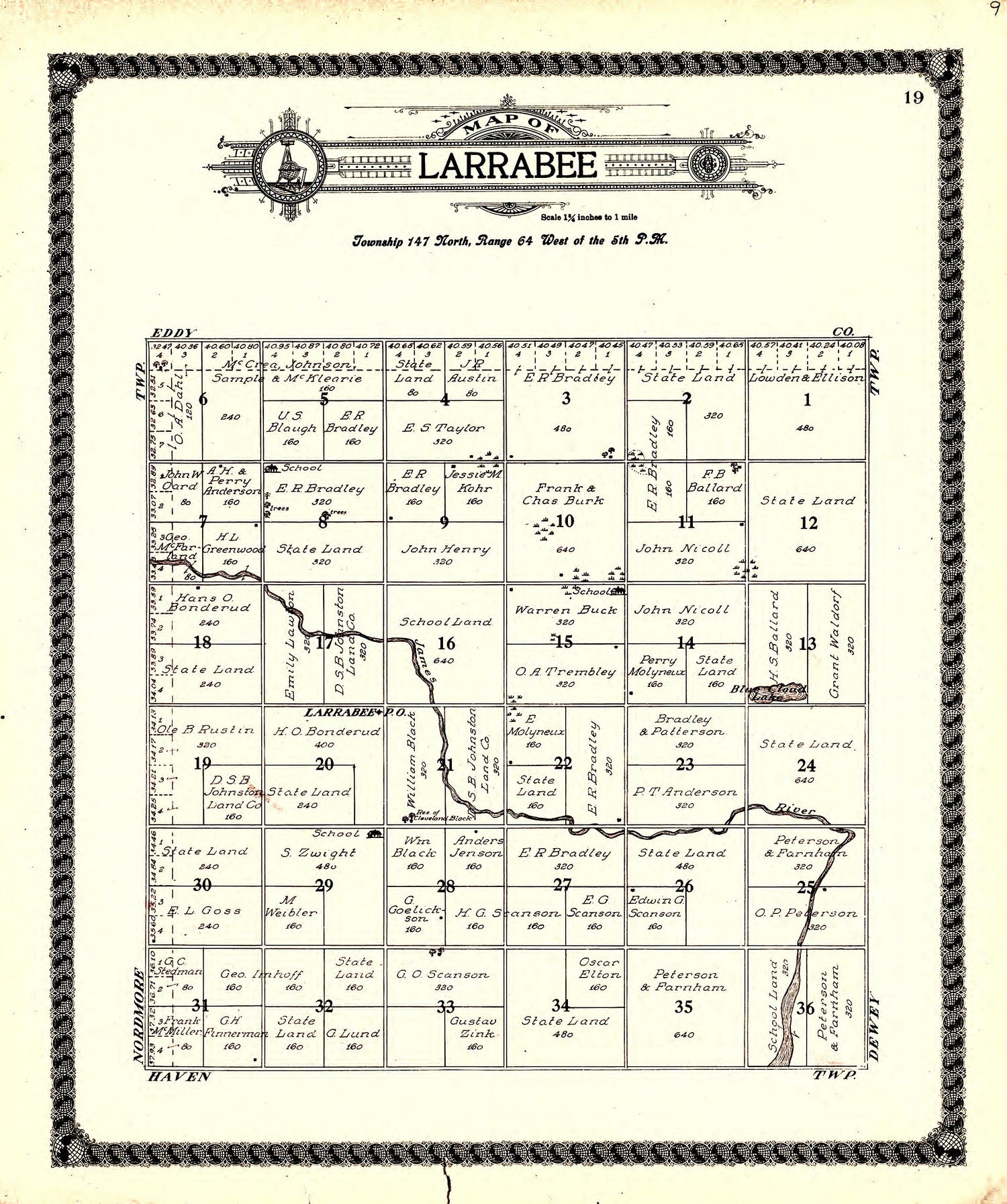 Larrabee from Standard Atlas of Foster County, North Dakota : Including a Plat Book of the Villages, Cities and Townships of the County, Map of the State, United States and World : Patrons Directory, … 1910 by Relic Map Company
