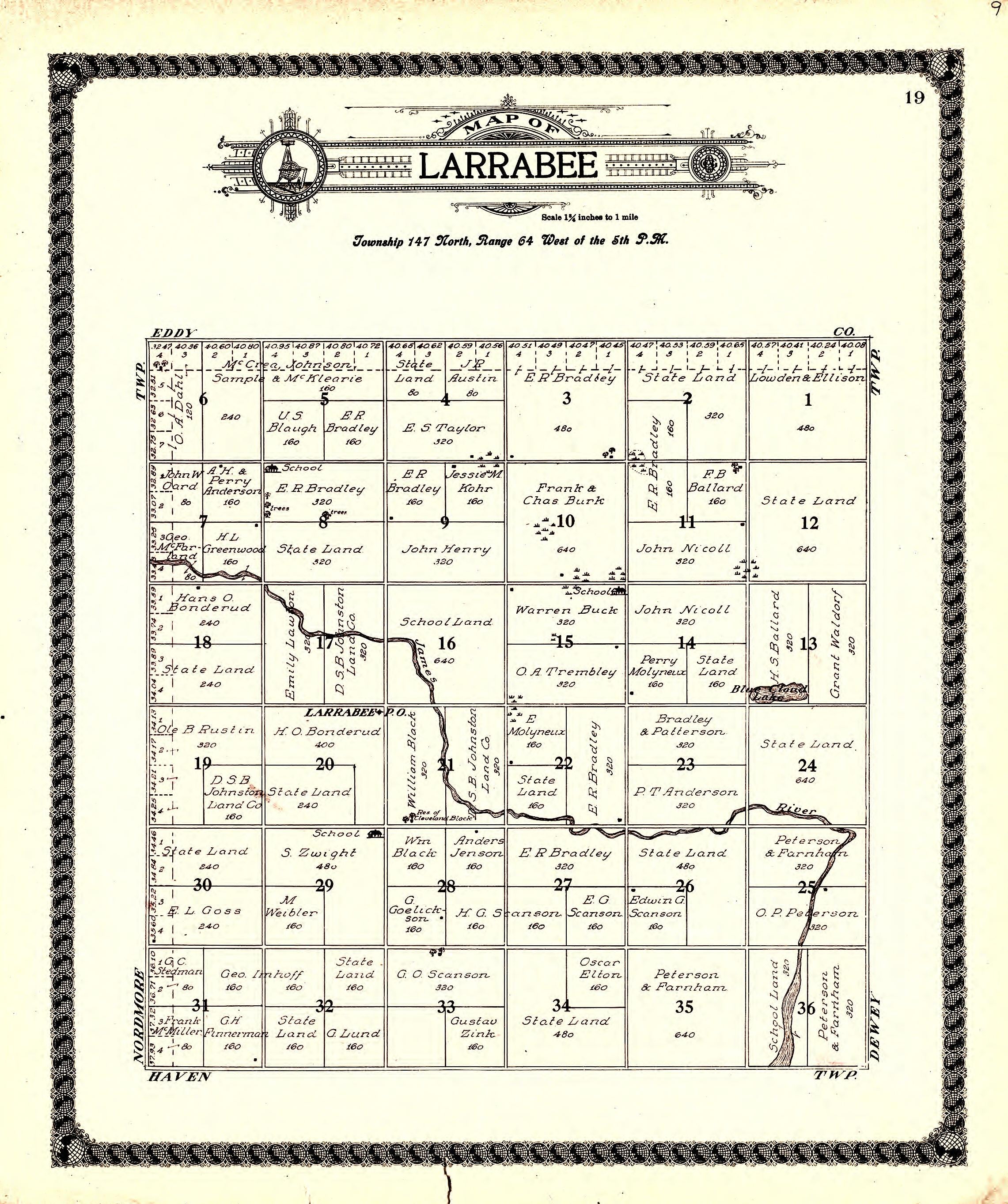 Larrabee from Standard Atlas of Foster County, North Dakota : Including a Plat Book of the Villages, Cities and Townships of the County, Map of the State, United States and World : Patrons Directory, … 1910 by Relic Map Company