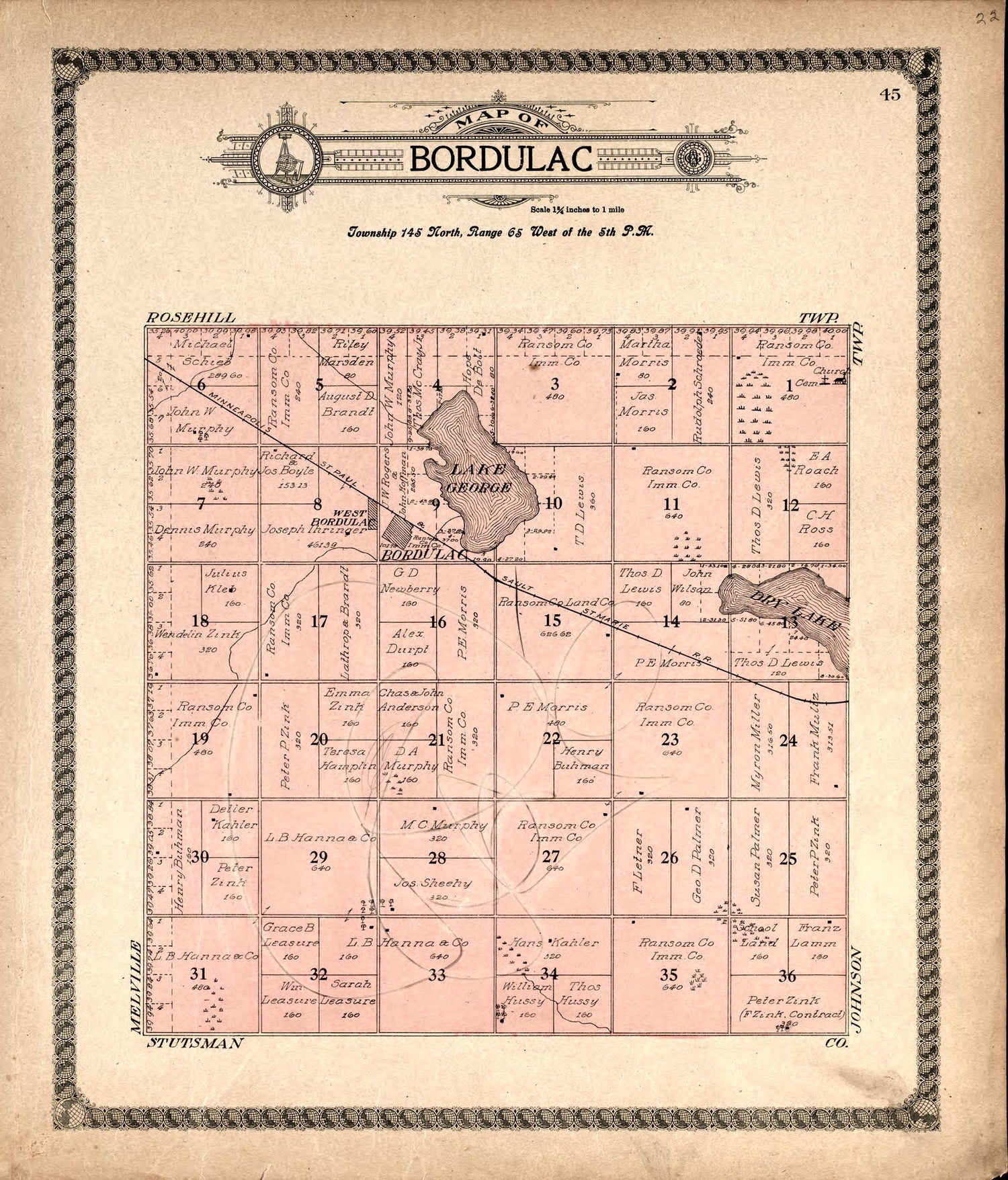 Bordulac from Standard Atlas of Foster County, North Dakota : Including a Plat Book of the Villages, Cities and Townships of the County, Map of the State, United States and World : Patrons Directory, … 1910 by Relic Map Company