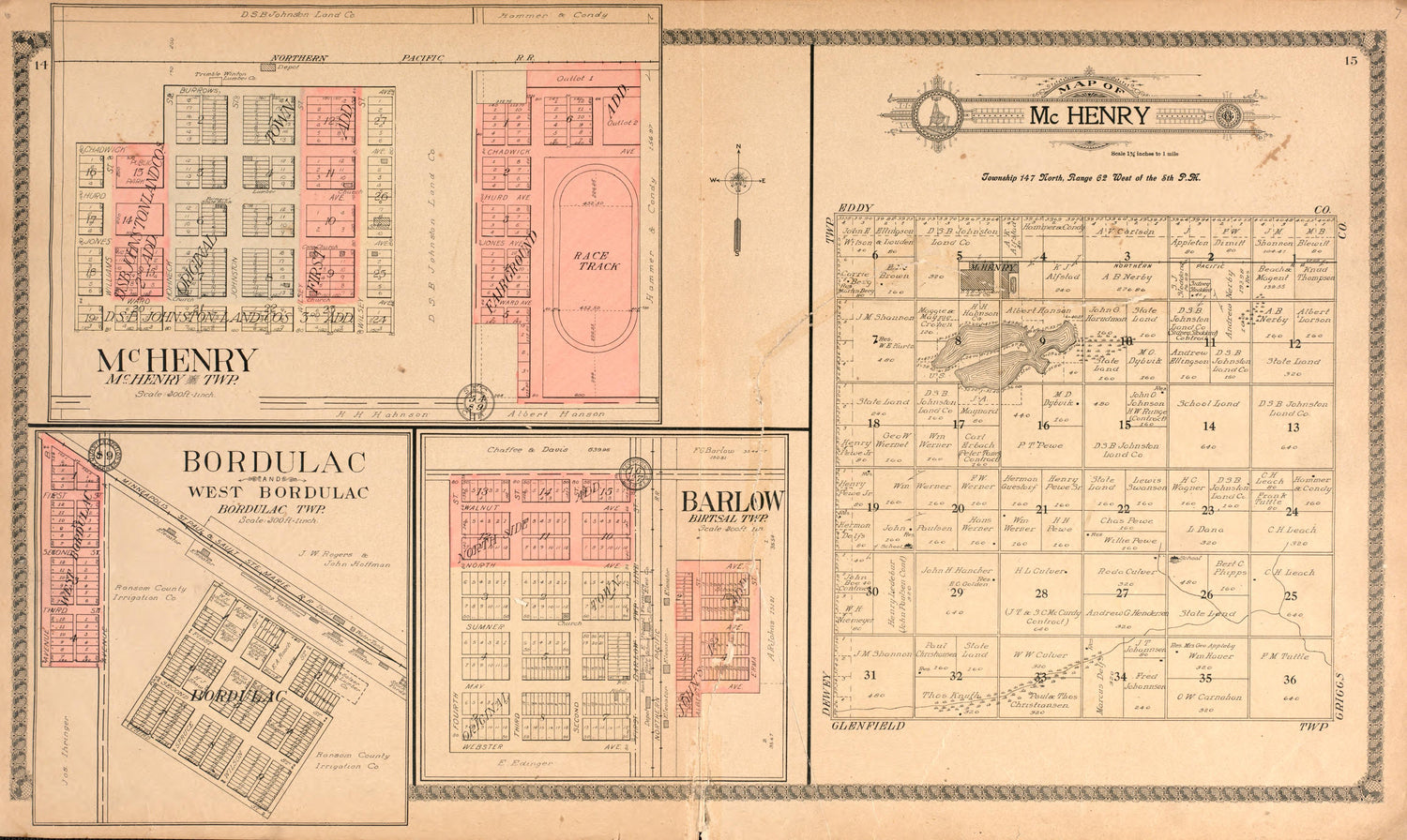 McHenry/ Barlow/ Bordulac from Standard Atlas of Foster County, North Dakota : Including a Plat Book of the Villages, Cities and Townships of the County, Map of the State, United States and World : Patrons Directory, … 1910 by Relic Map Company