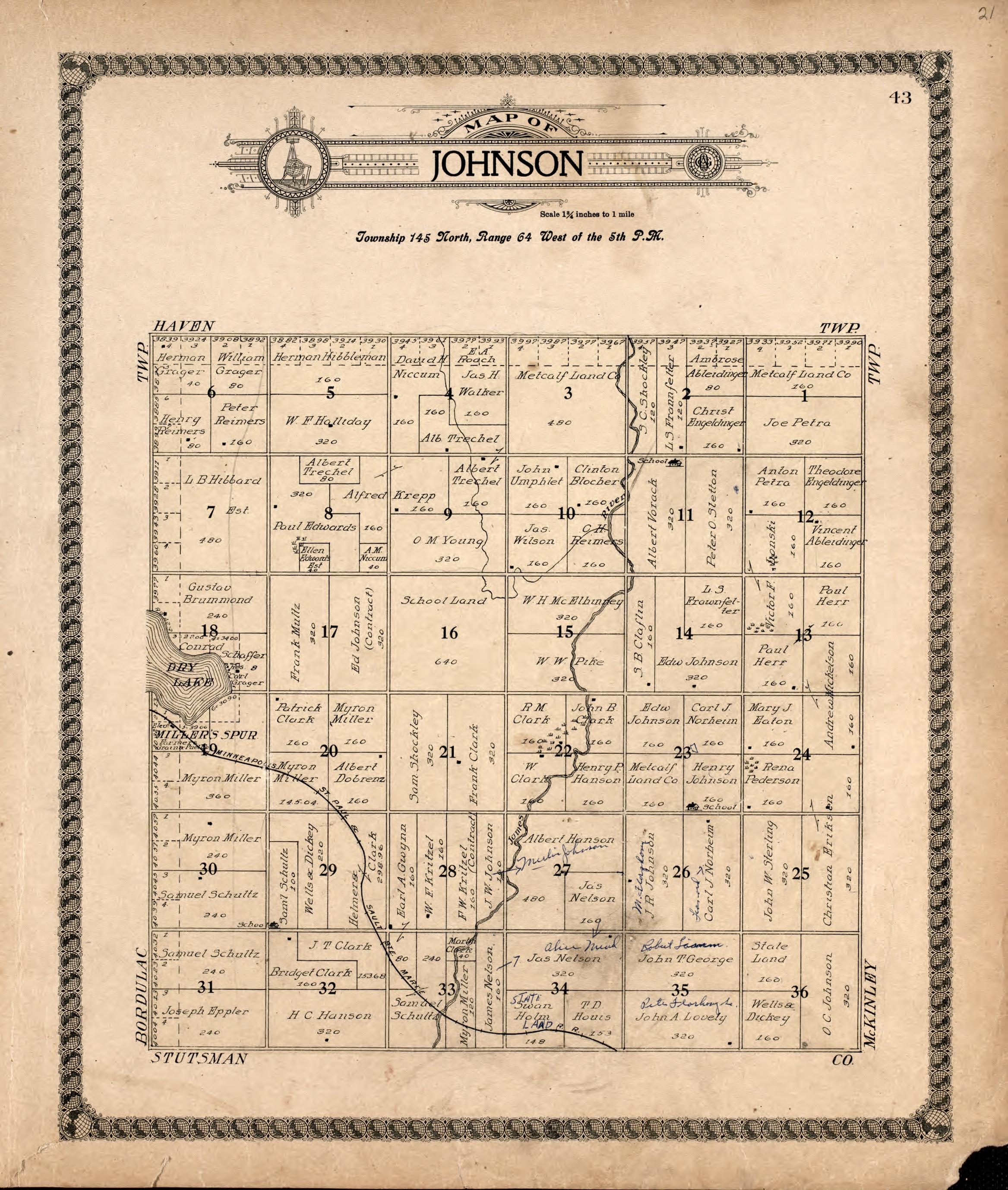 Johnson from Standard Atlas of Foster County, North Dakota : Including a Plat Book of the Villages, Cities and Townships of the County, Map of the State, United States and World : Patrons Directory, … 1910 by Relic Map Company