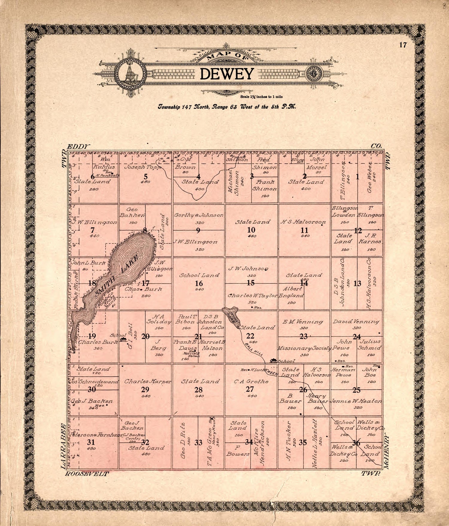 Dewey from Standard Atlas of Foster County, North Dakota : Including a Plat Book of the Villages, Cities and Townships of the County, Map of the State, United States and World : Patrons Directory, … 1910 by Relic Map Company