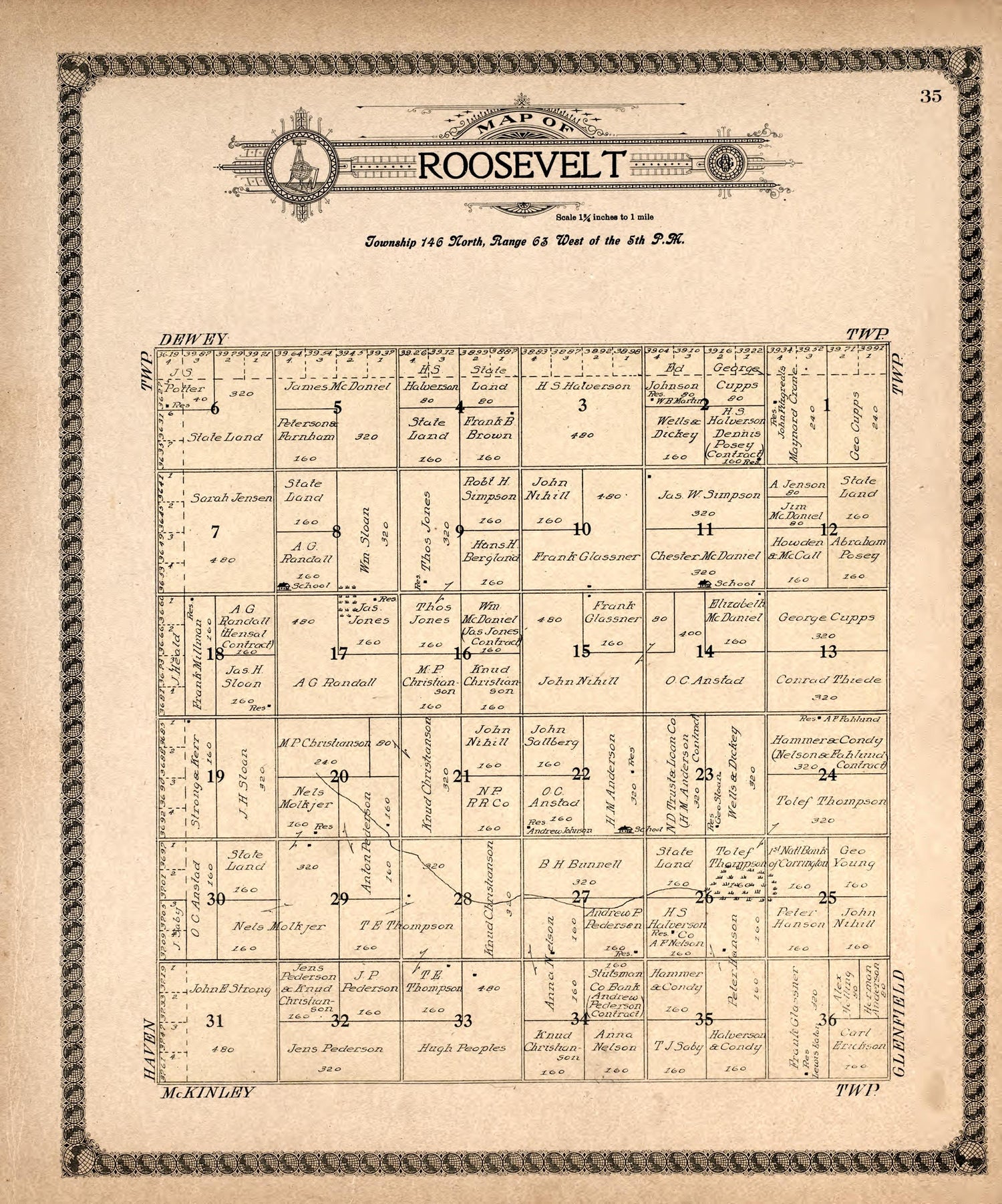 Roosevelt from Standard Atlas of Foster County, North Dakota : Including a Plat Book of the Villages, Cities and Townships of the County, Map of the State, United States and World : Patrons Directory, … 1910 by Relic Map Company
