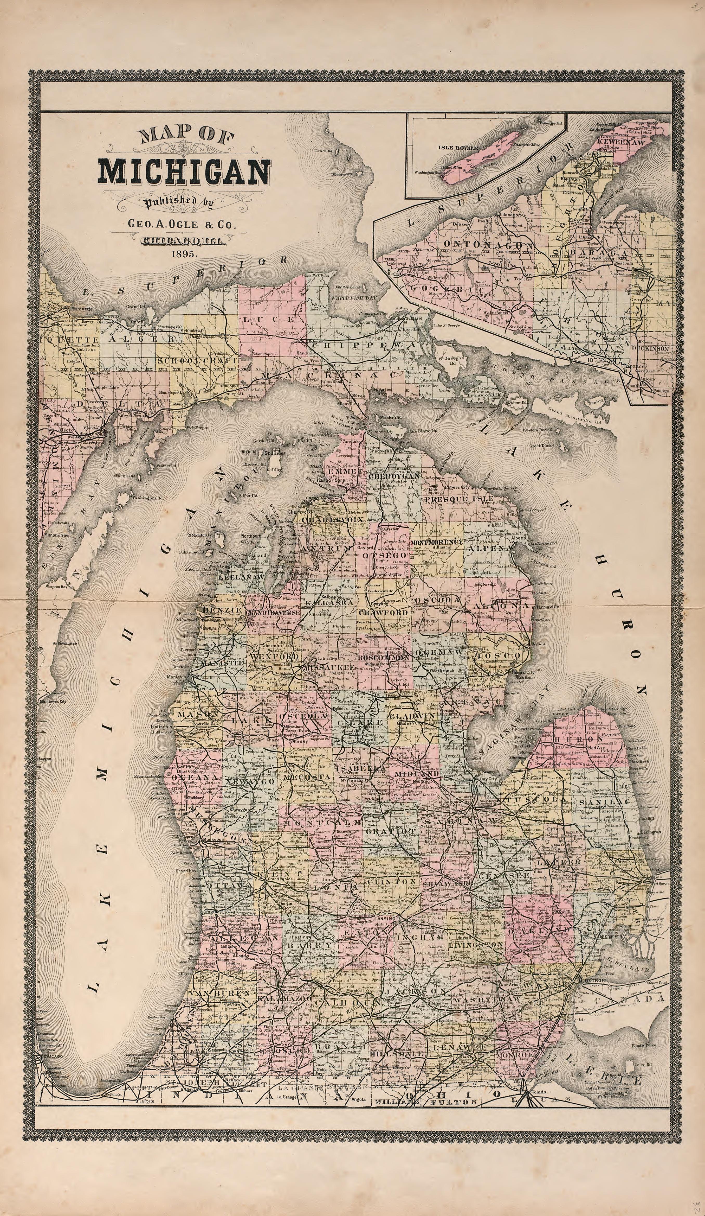 Map of Michigan from Standard Atlas of Livingston County, Michigan : Including a Plat Book of the Villages, Cities and Townships of the County, Map of the State, United States and World, Farmers Directory, Reference Business … 1895 by Relic Map Company