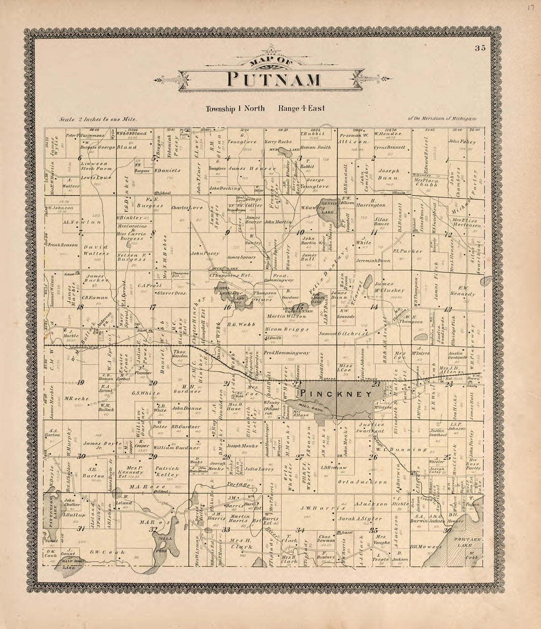 Putnam from Standard Atlas of Livingston County, Michigan : Including a Plat Book of the Villages, Cities and Townships of the County, Map of the State, United States and World, Farmers Directory, Reference Business … 1895 by Relic Map Company