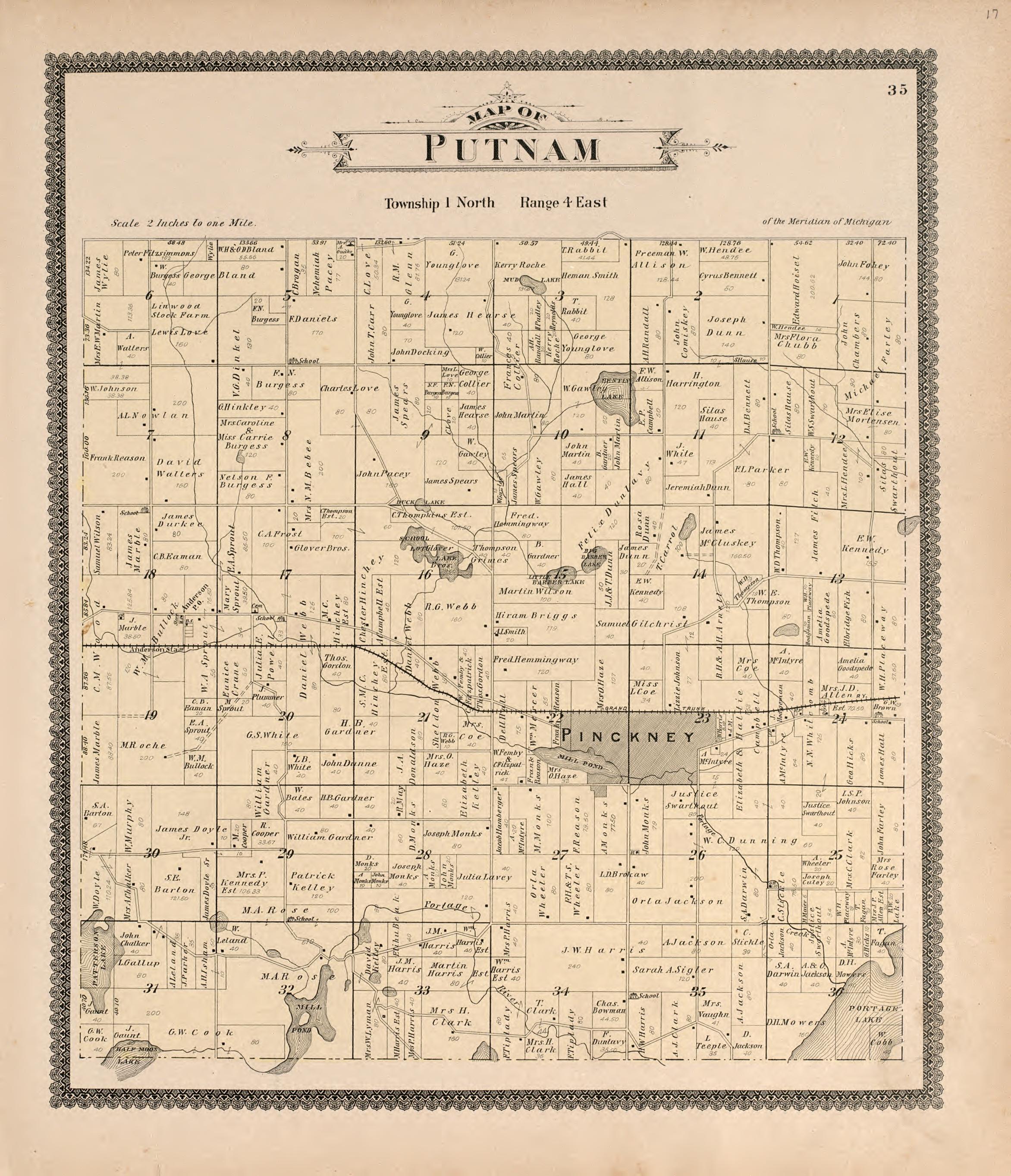Putnam from Standard Atlas of Livingston County, Michigan : Including a Plat Book of the Villages, Cities and Townships of the County, Map of the State, United States and World, Farmers Directory, Reference Business … 1895 by Relic Map Company