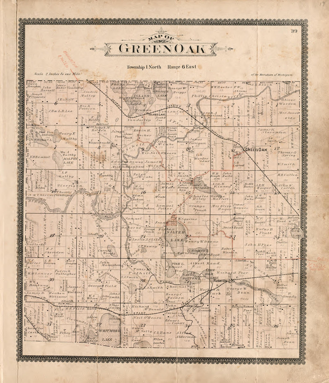 Green Oak from Standard Atlas of Livingston County, Michigan : Including a Plat Book of the Villages, Cities and Townships of the County, Map of the State, United States and World, Farmers Directory, Reference Business … 1895 by Relic Map Company