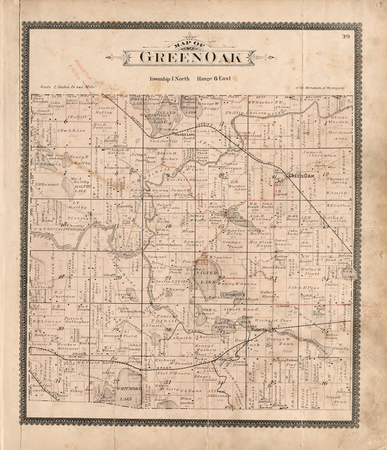 Green Oak from Standard Atlas of Livingston County, Michigan : Including a Plat Book of the Villages, Cities and Townships of the County, Map of the State, United States and World, Farmers Directory, Reference Business … 1895 by Relic Map Company