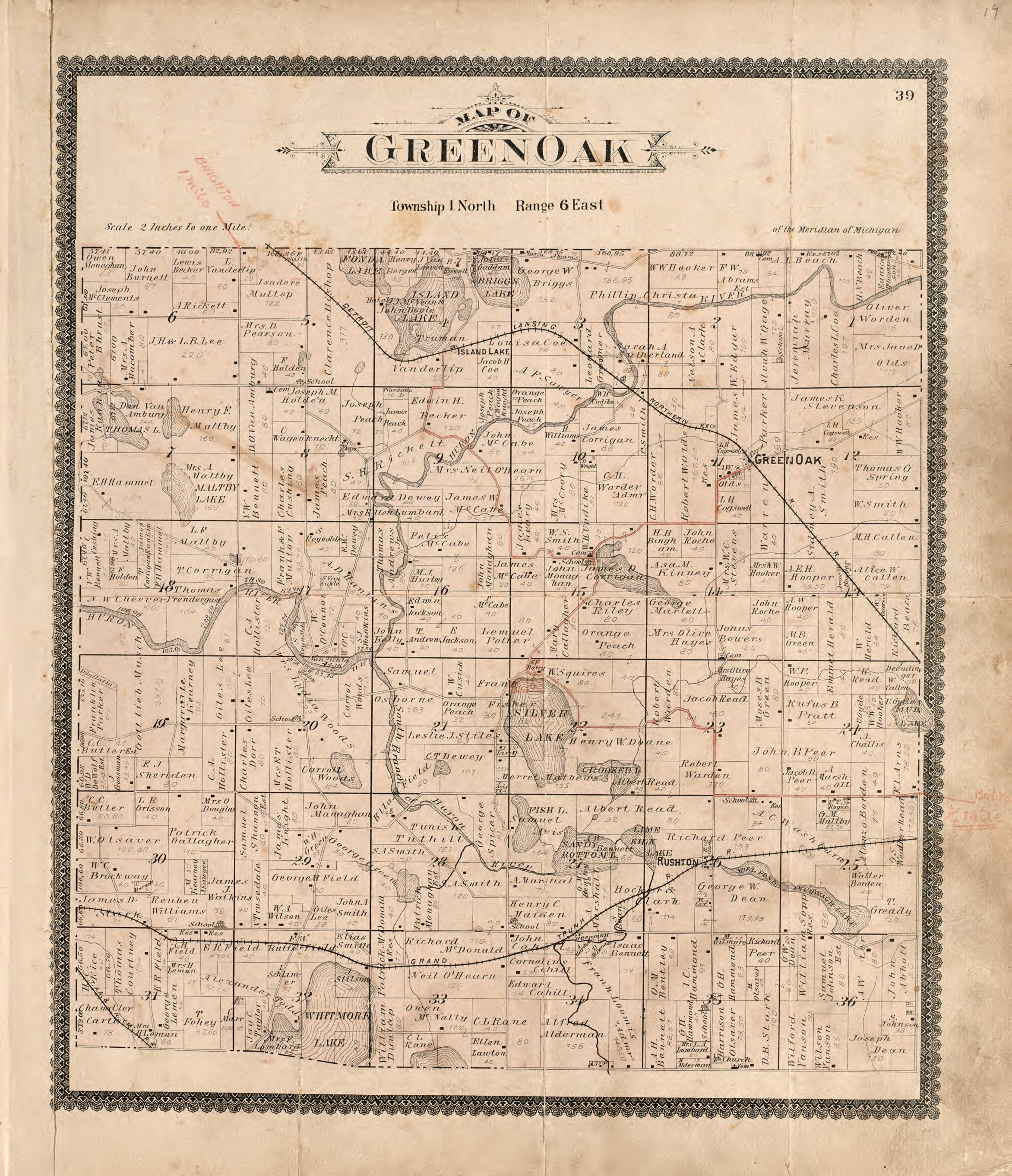 Green Oak from Standard Atlas of Livingston County, Michigan : Including a Plat Book of the Villages, Cities and Townships of the County, Map of the State, United States and World, Farmers Directory, Reference Business … 1895 by Relic Map Company